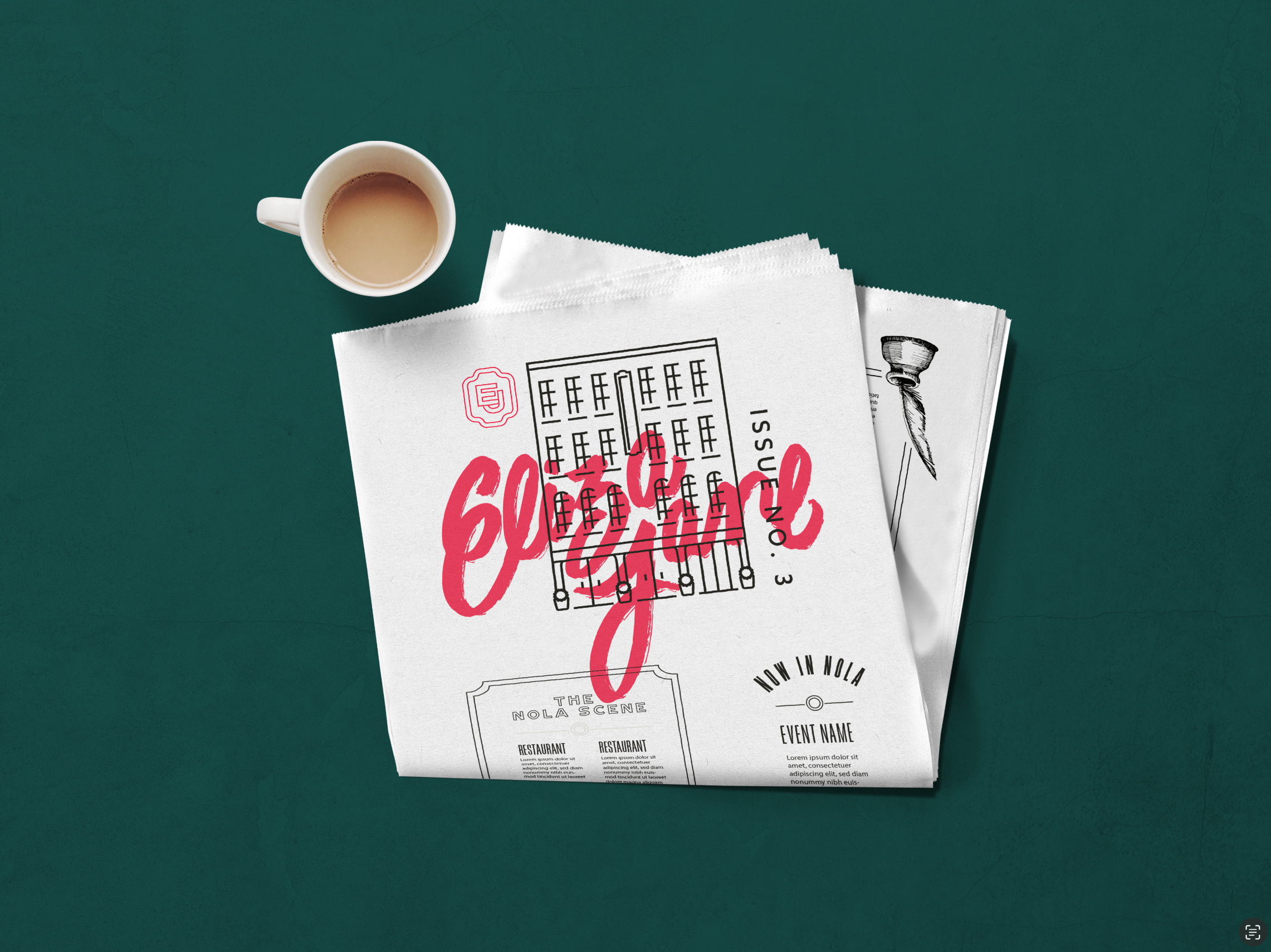 A cup of coffee sits next to a folded newspaper with a building illustration and bold red script text on a dark green surface.