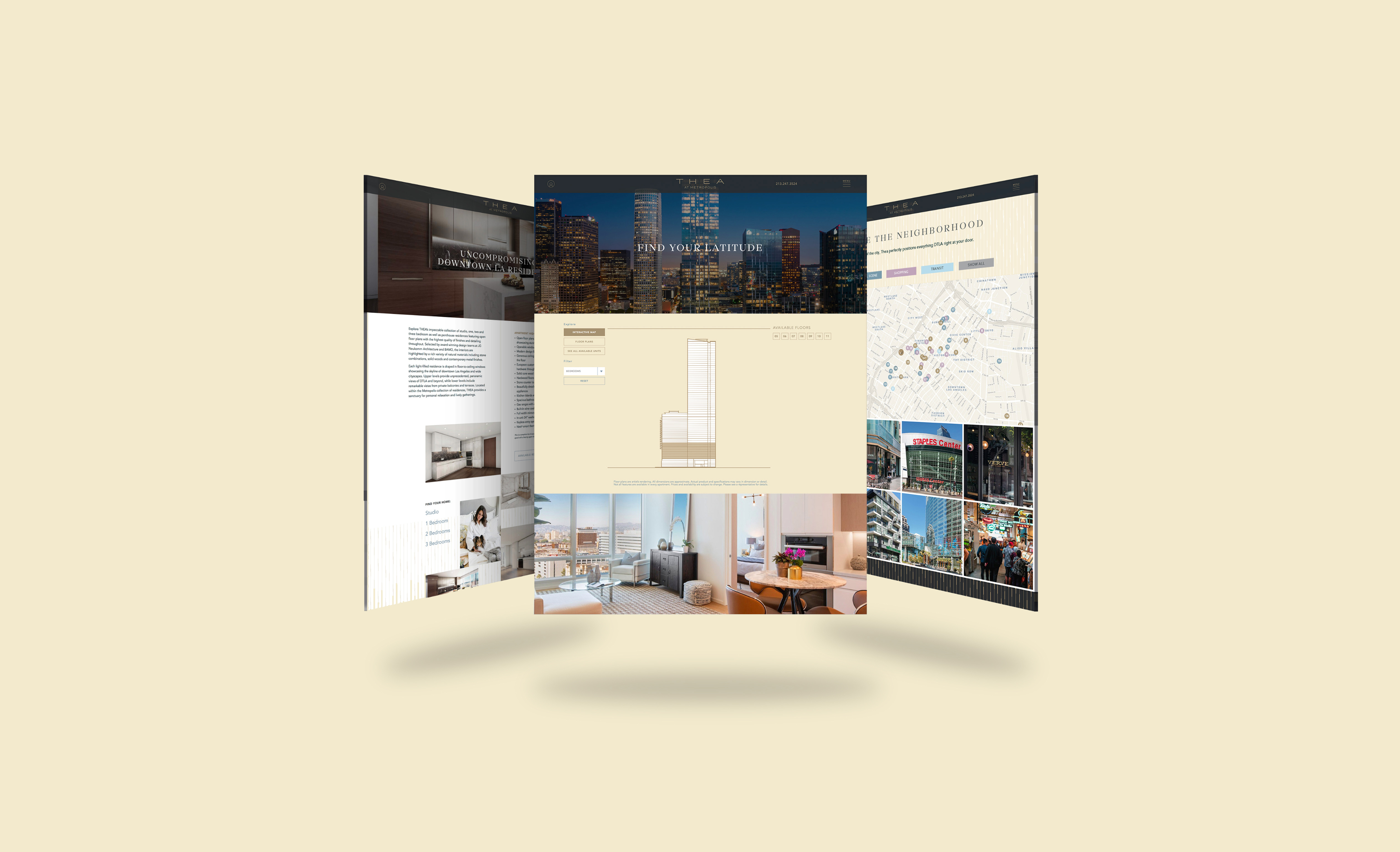 Three overlapping website pages displayed in a 3D floating layout on a beige background, showing property listings, city map, and building information.
