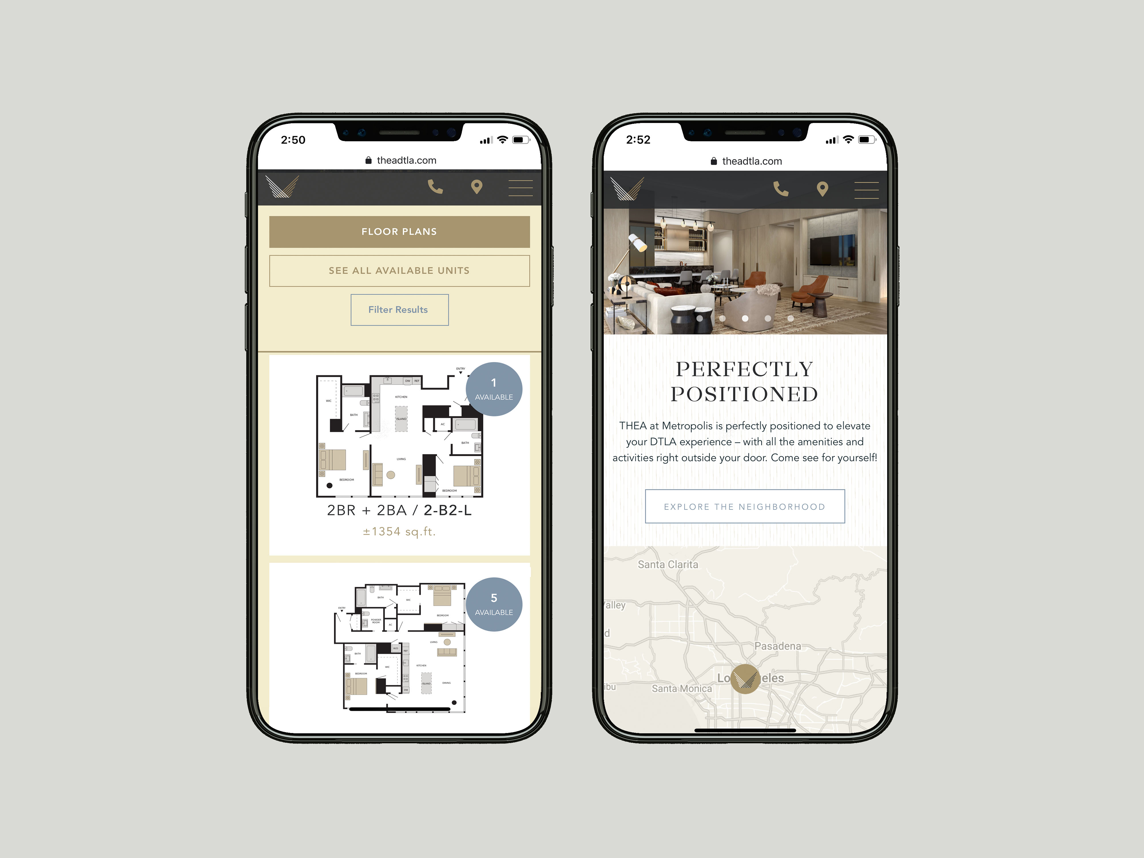 Two smartphones display a real estate website with floor plans on the left screen and a property description with a photo and map on the right screen.