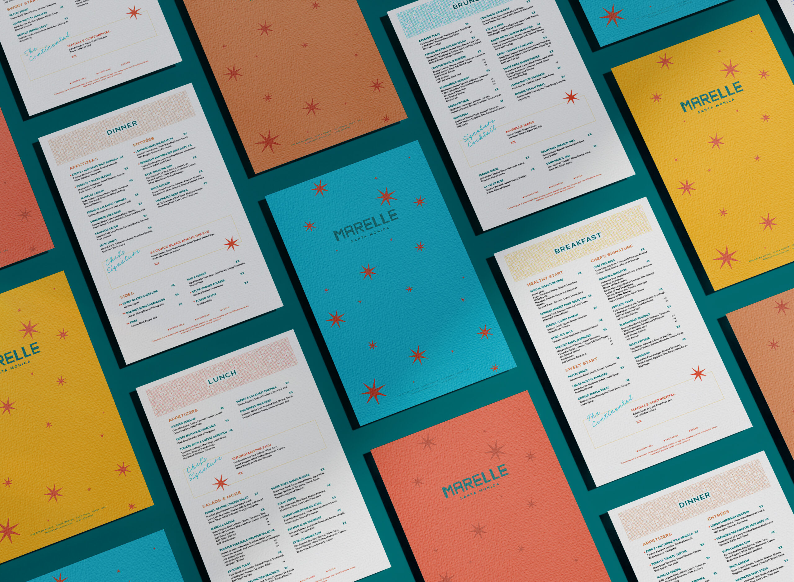 Multiple colorful restaurant menus labeled "Marelle" are laid out in a flat grid pattern, displaying various meal options for breakfast, lunch, and dinner.