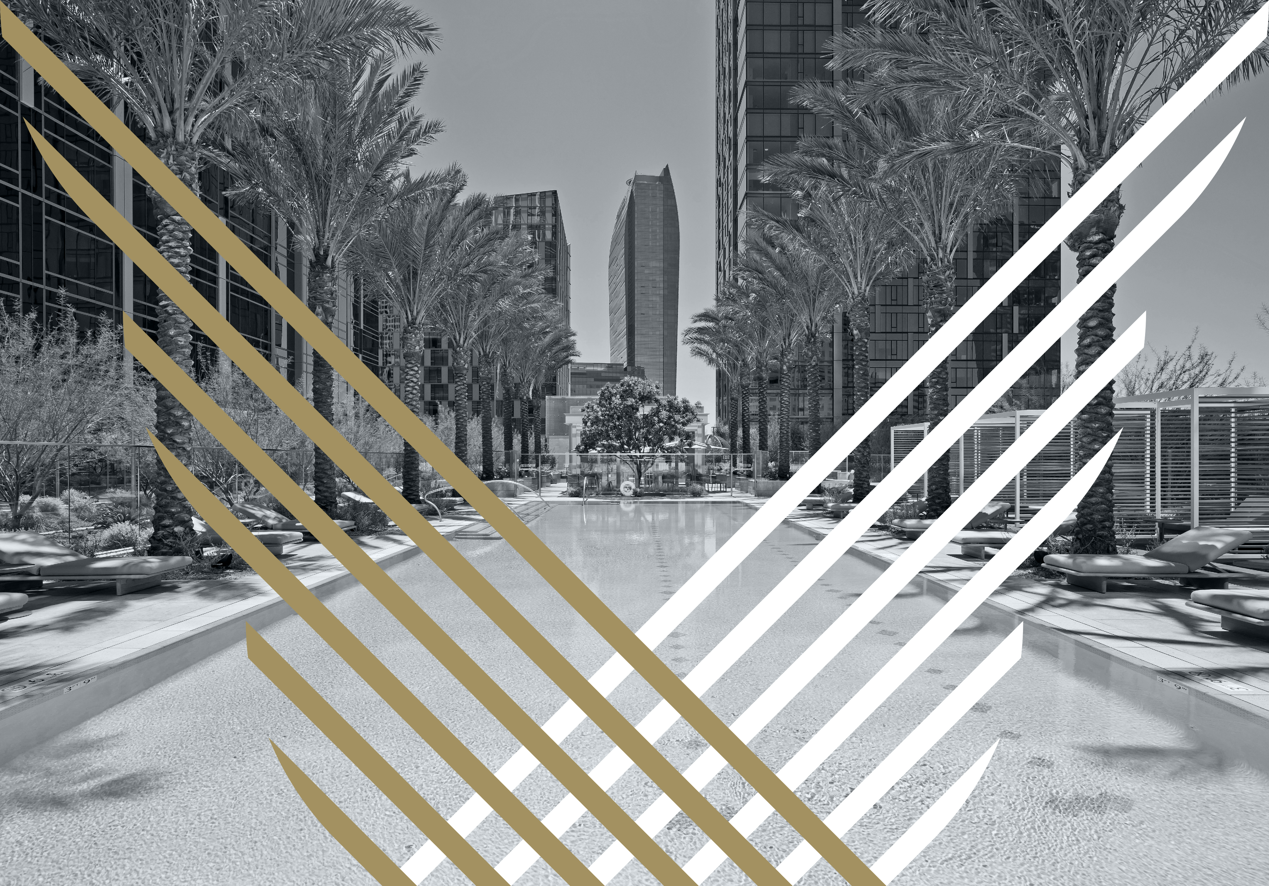 Black and white image of a modern palm-lined pool with high-rise buildings in the background, overlaid with intersecting gold and white diagonal lines.