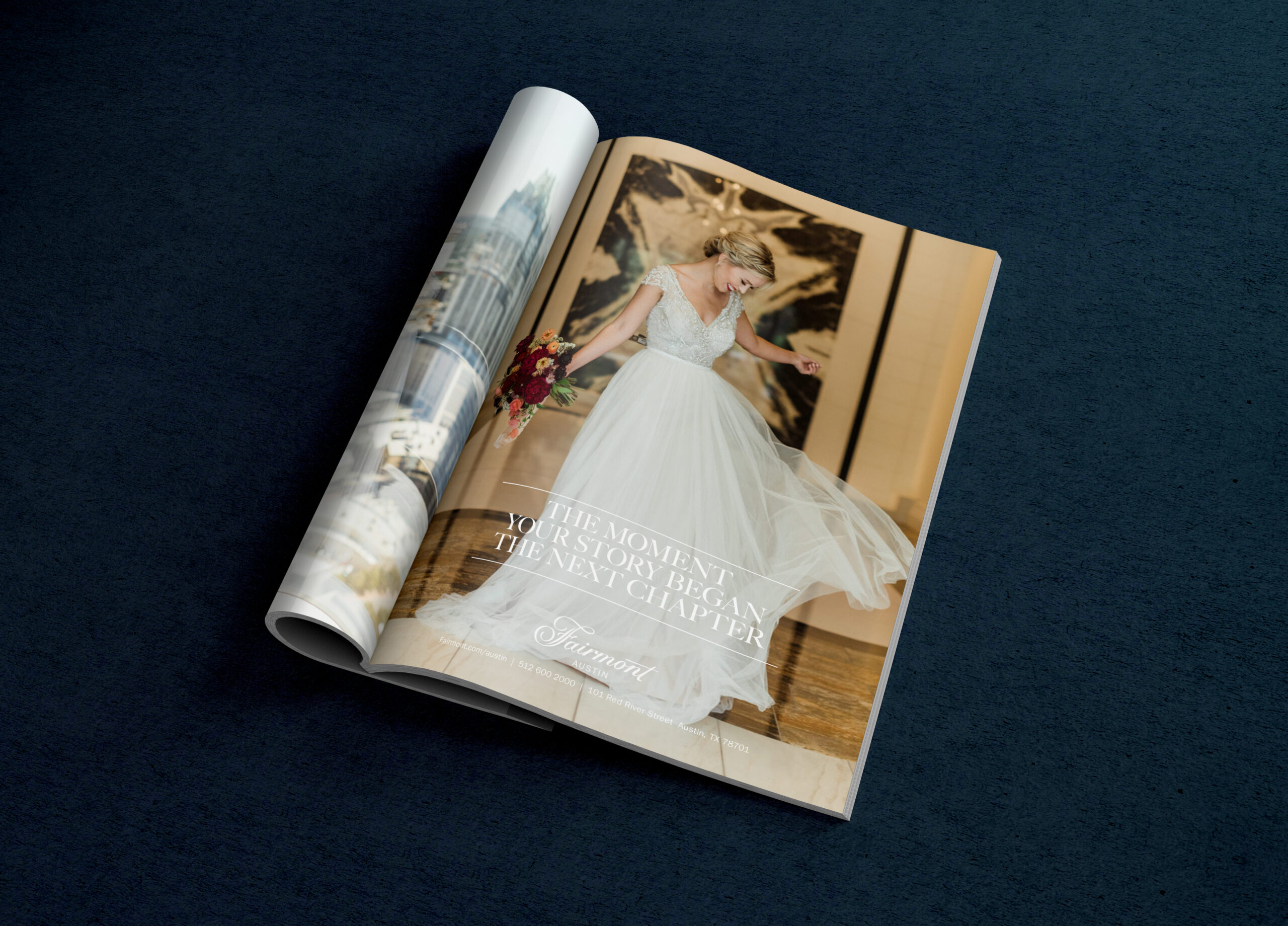 An open magazine on a dark surface features a wedding-themed Fairmont advertisement with a bride in a white dress holding a bouquet.