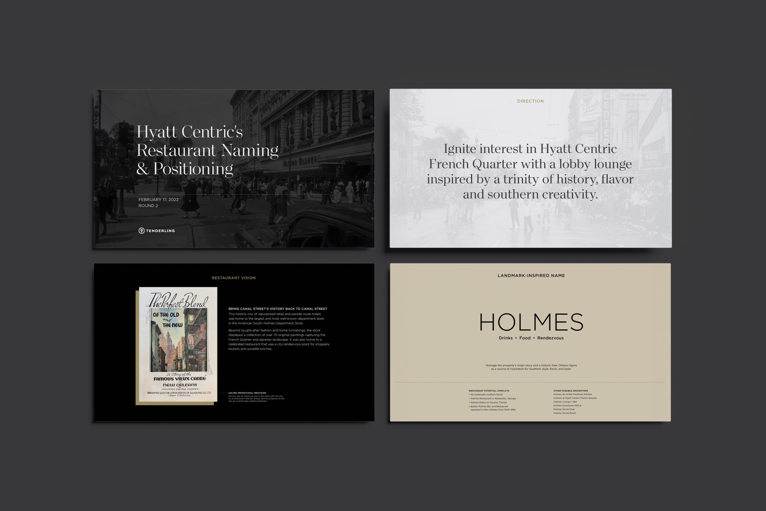 Four slides showcase Hyatt Centric’s restaurant naming and positioning, including concept statements, an image of a book, and a proposed restaurant name, "HOLMES.