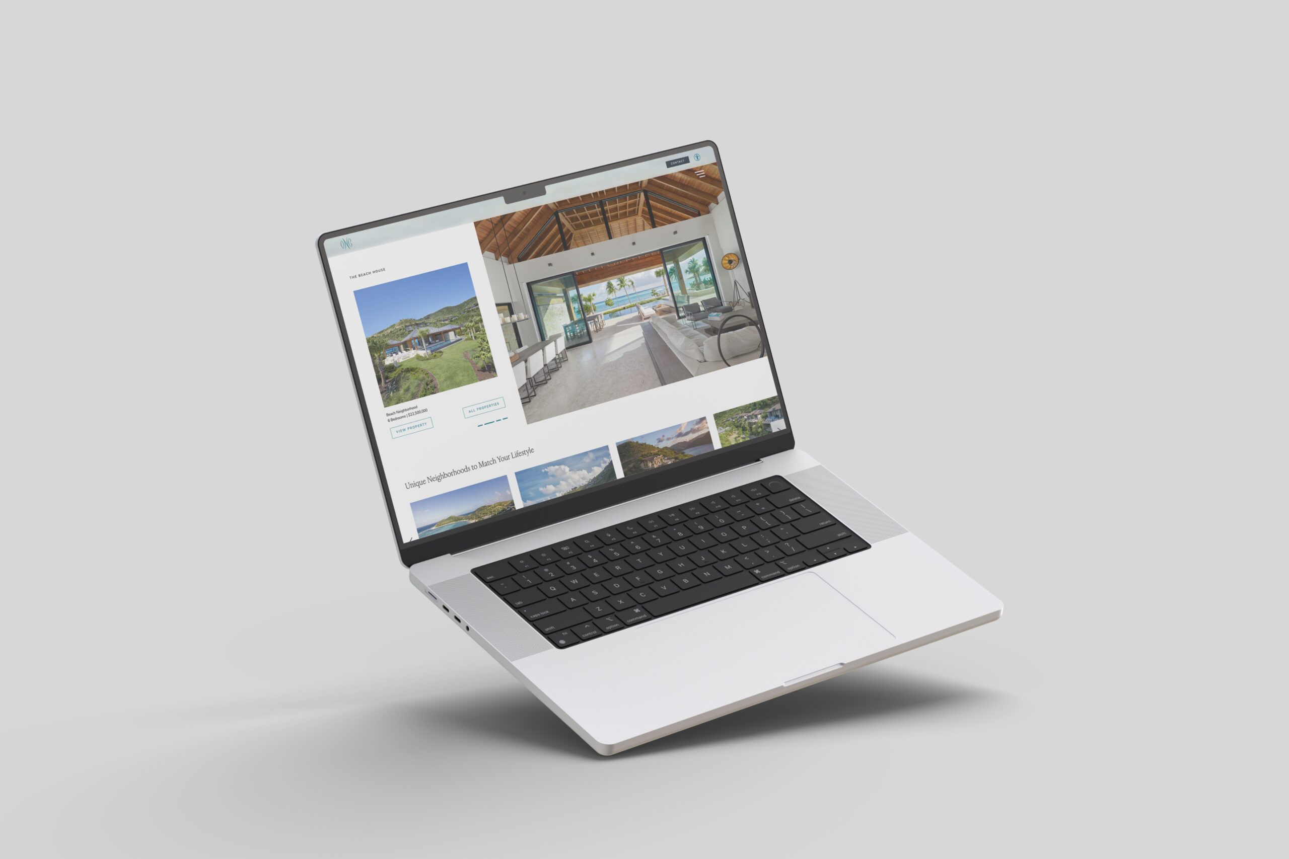 A silver laptop floating against a plain background displays a real estate website featuring interior and exterior photos of a modern house.