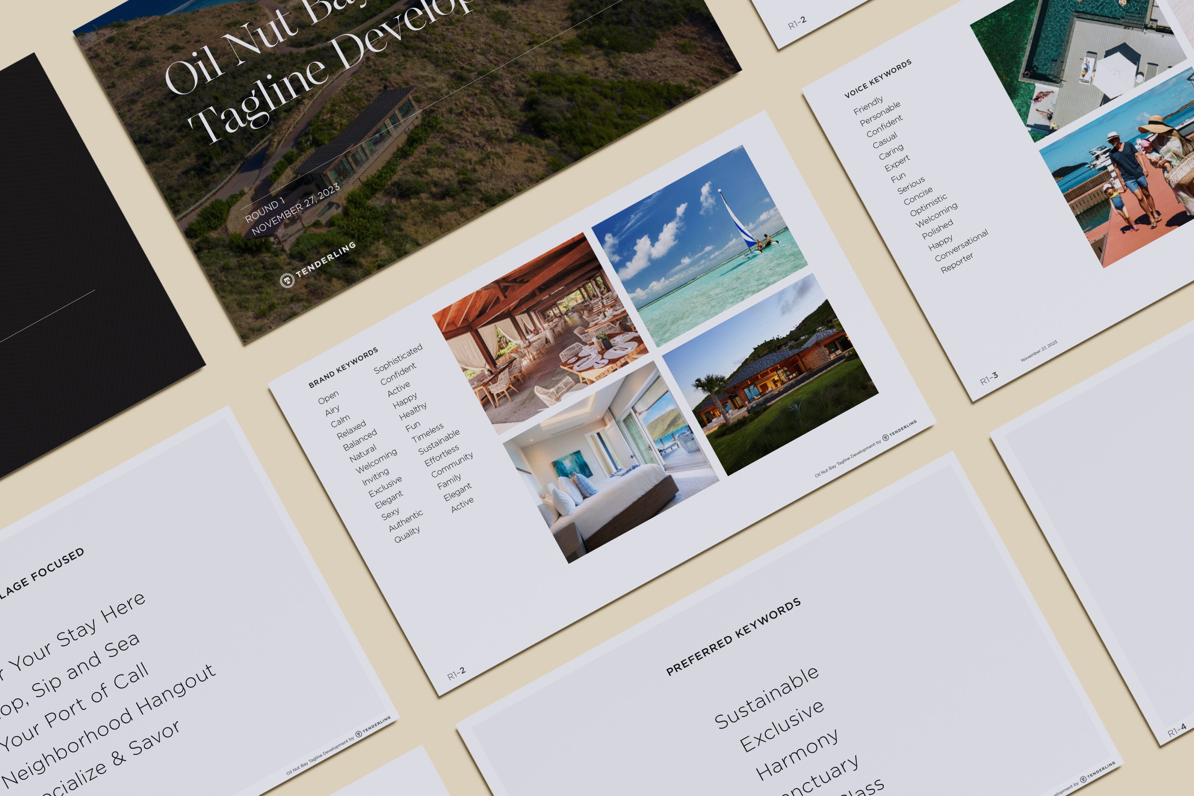 A series of document pages laid out on a flat surface, displaying text sections, keyword lists, and color images of travel and resort locations.