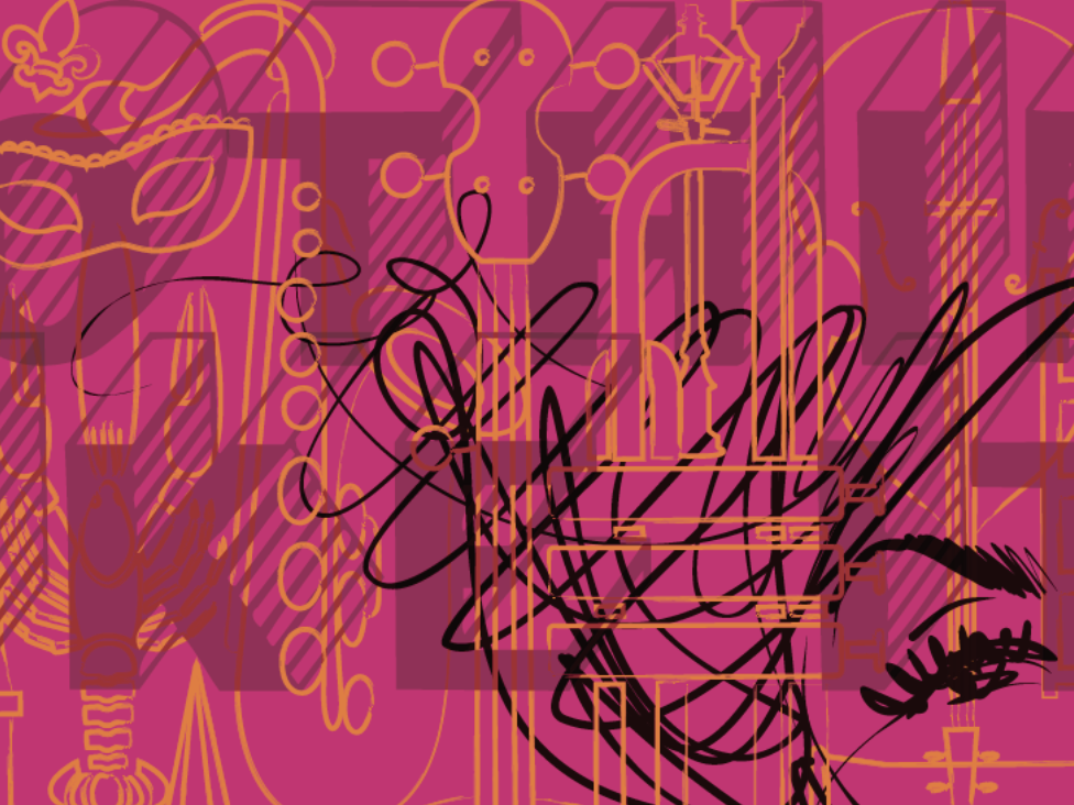 Abstract illustration with overlapping line drawings of a mask, pearls, and geometric shapes in yellow and black on a pink background, with large translucent letters in the foreground.