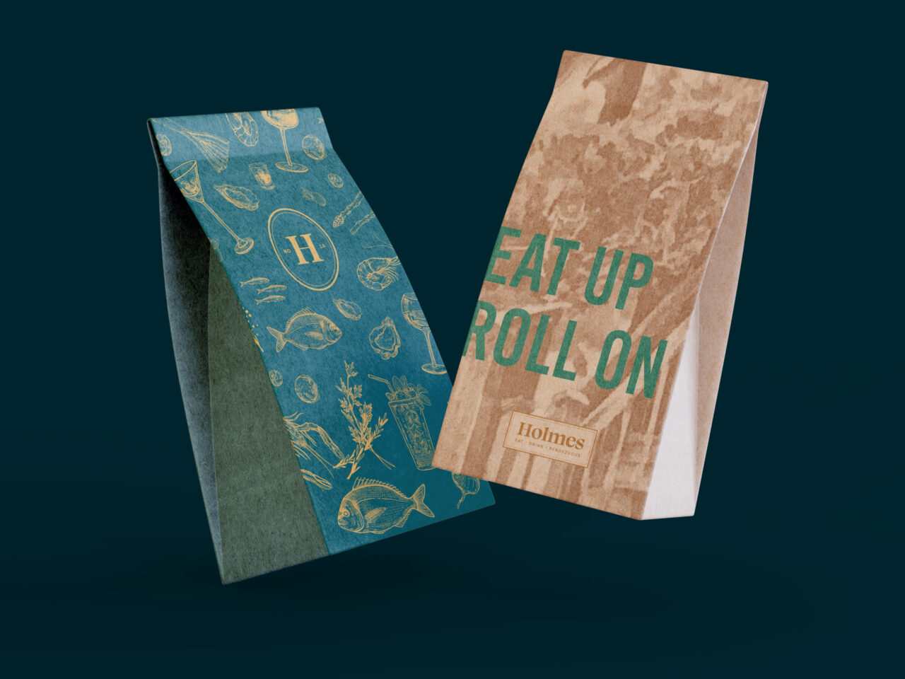 Two paper food bags are displayed against a dark background; one is teal with gold seafood illustrations, the other is brown with green text and branding.