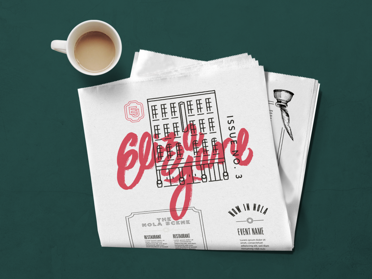 A cup of coffee sits next to a folded newspaper with a black-and-white building illustration and large red cursive text reading "Be Your Genre.