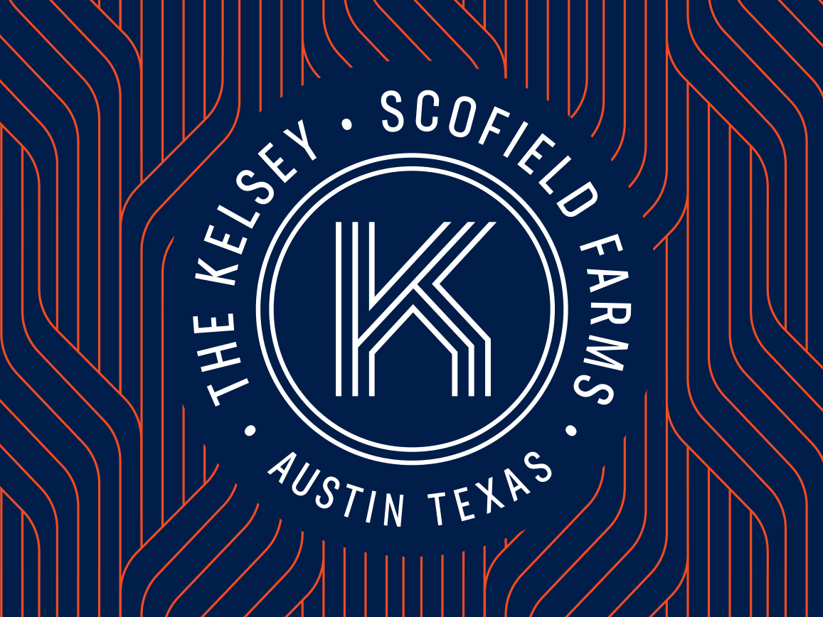 Circular logo with the text "The Kelsey Scofield Farms Austin Texas" around a stylized letter "K" on a blue background with red geometric lines.