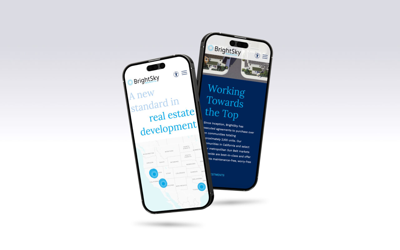 Two smartphones displaying the BrightSky real estate development website with sections titled “A new standard in real estate development” and “Working Towards the Top.”.