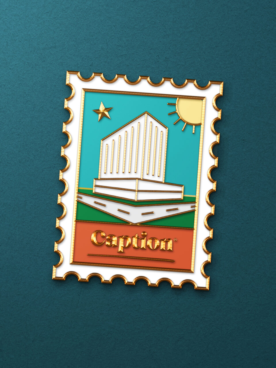 A stylized postage stamp features a modern building, a sun, and a star with the word "Caption" written at the bottom on a teal background.