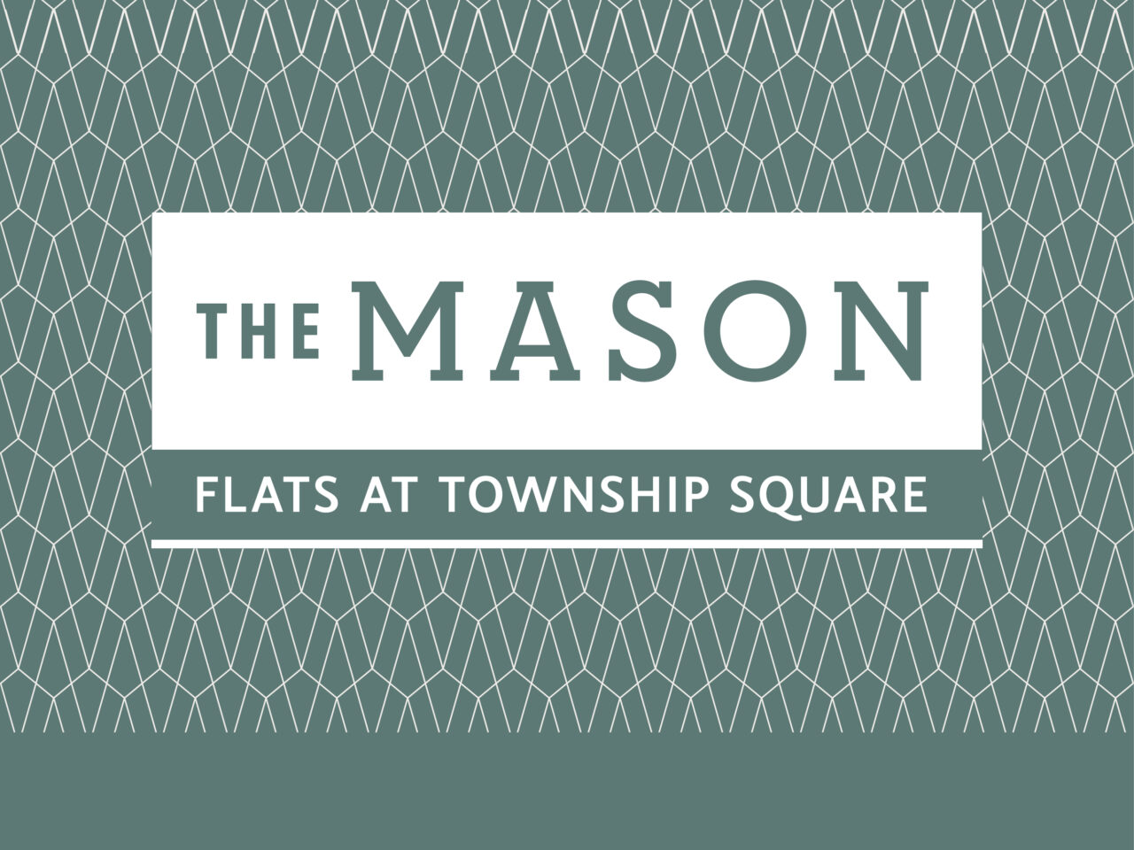 A green geometric patterned background with a white box displaying the text "The Mason" and "Flats at Township Square" in bold lettering.