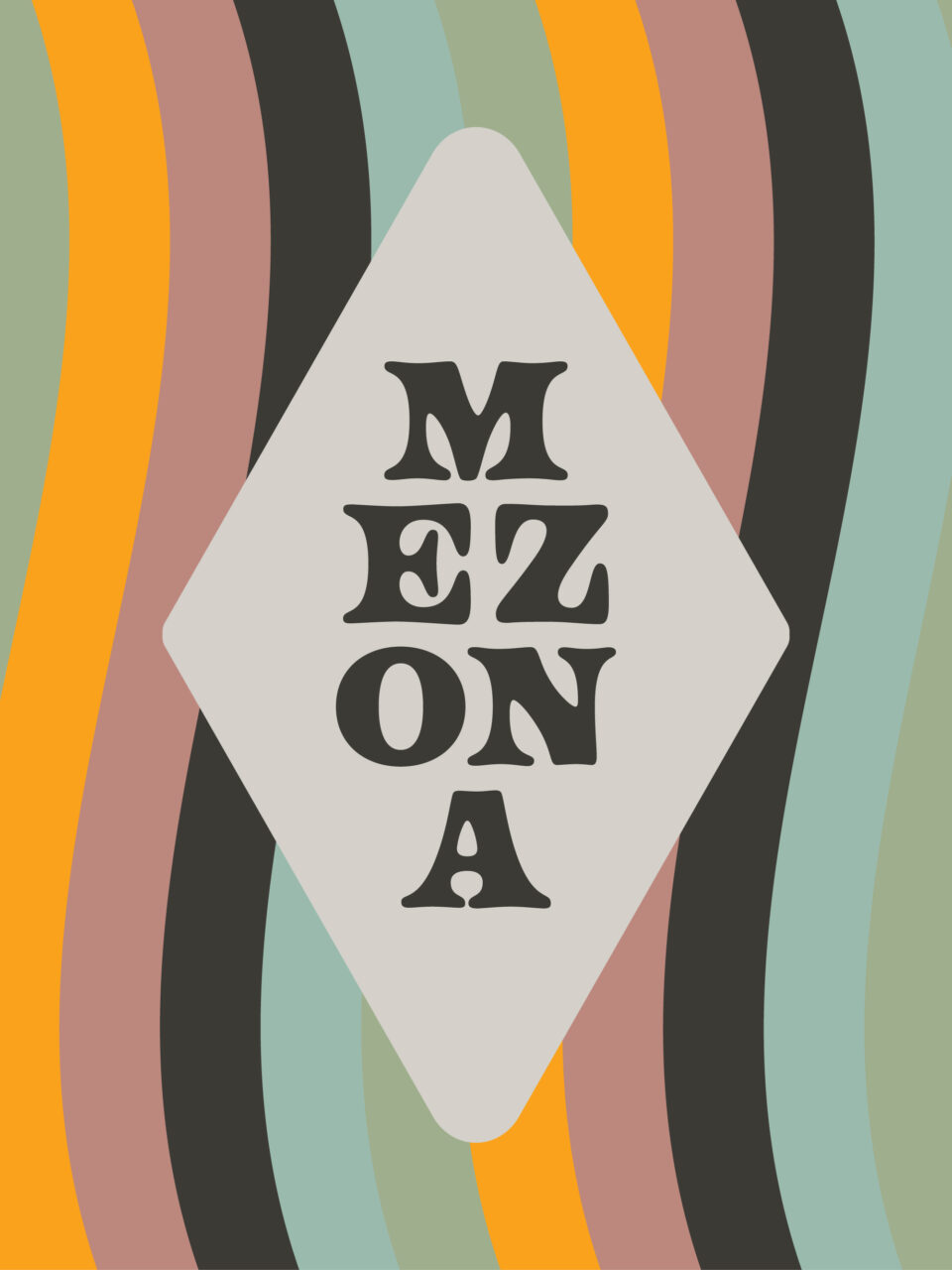 A diamond-shaped sign with the word "MEZONA" in bold, stylized letters is centered on a background of wavy orange, green, black, and beige stripes.