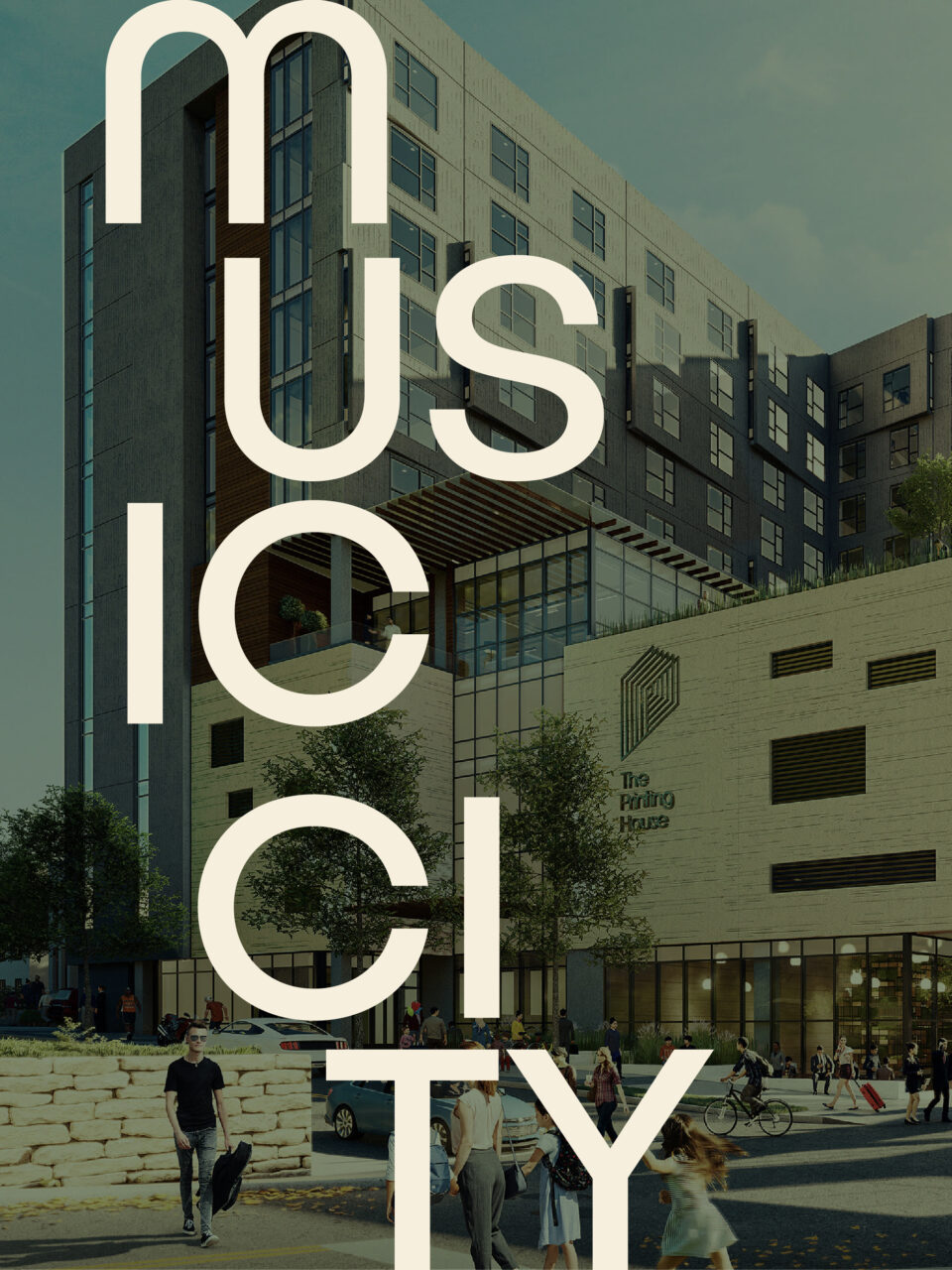 A modern building with large letters spelling "MUSIC CITY" overlaid on the image; people are walking and biking in front of the building.