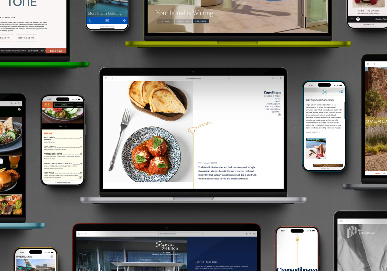 A laptop and multiple smartphones and tablets display various websites, including food, travel, and hospitality content, arranged against a gray background.