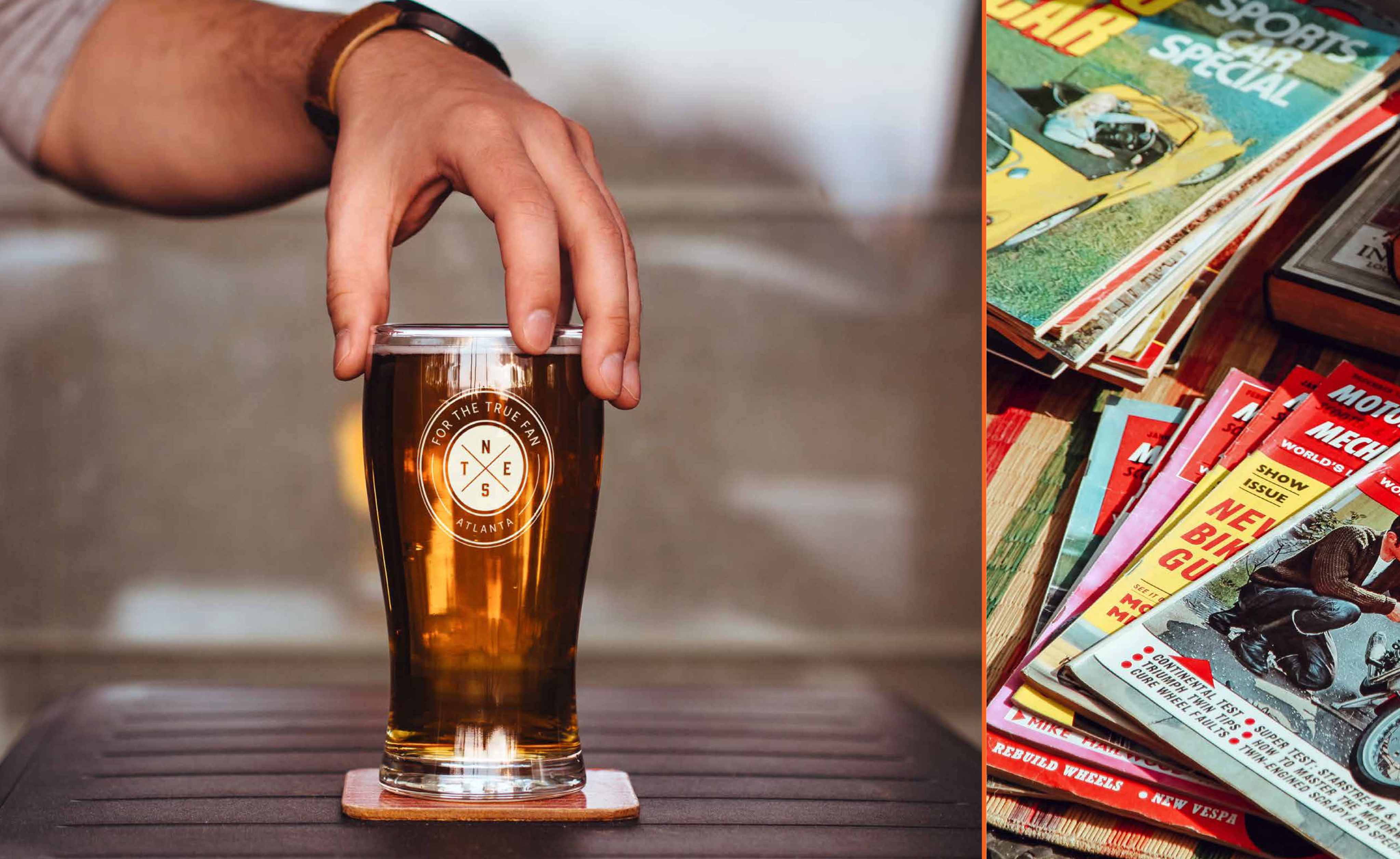 A hand reaches for a pint of beer on a coaster; beside it, there is a stack of colorful vintage magazines.