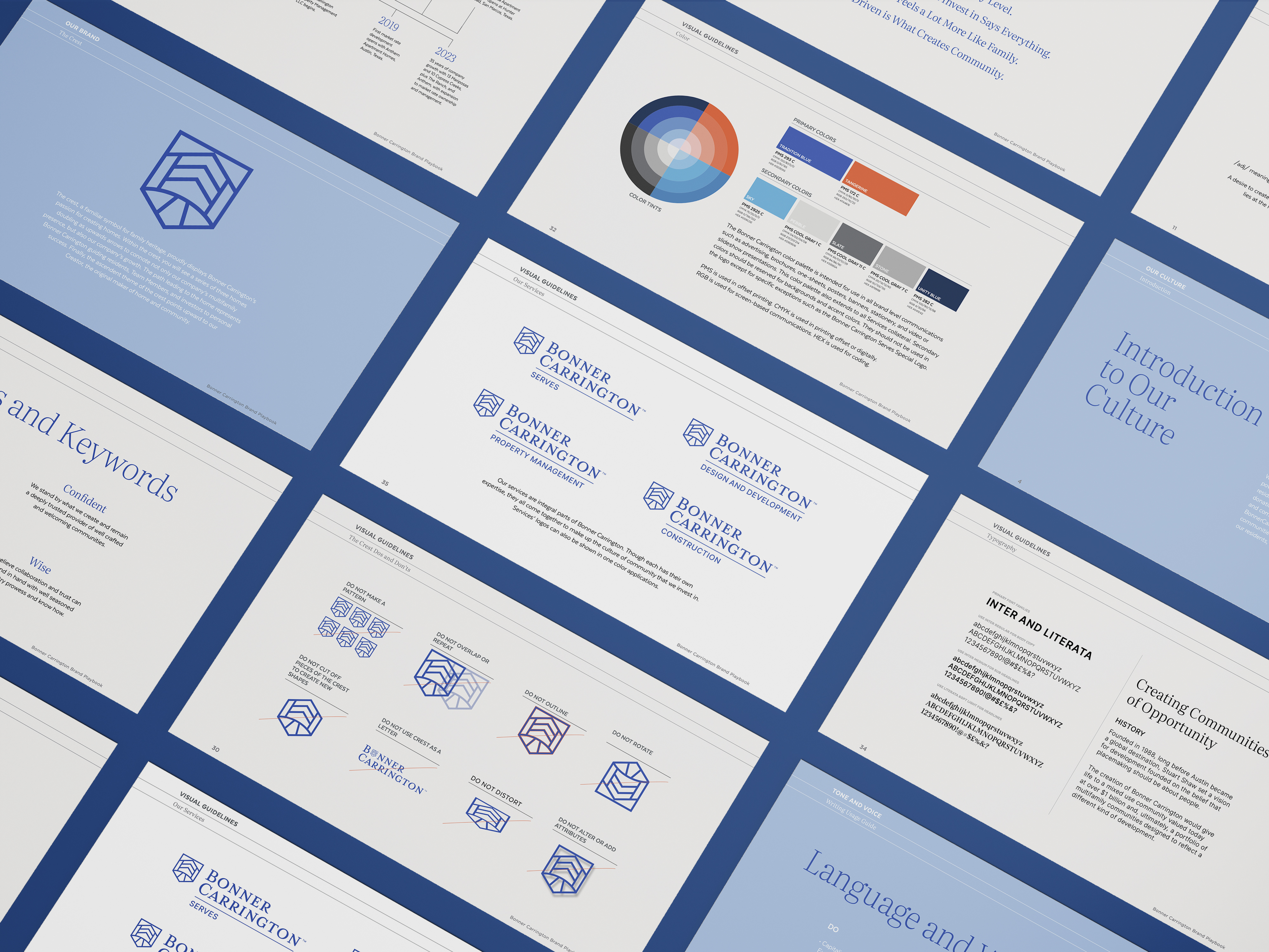 A series of branding guideline sheets displayed on a blue surface, showing logos, color palettes, typography, and branding instructions.