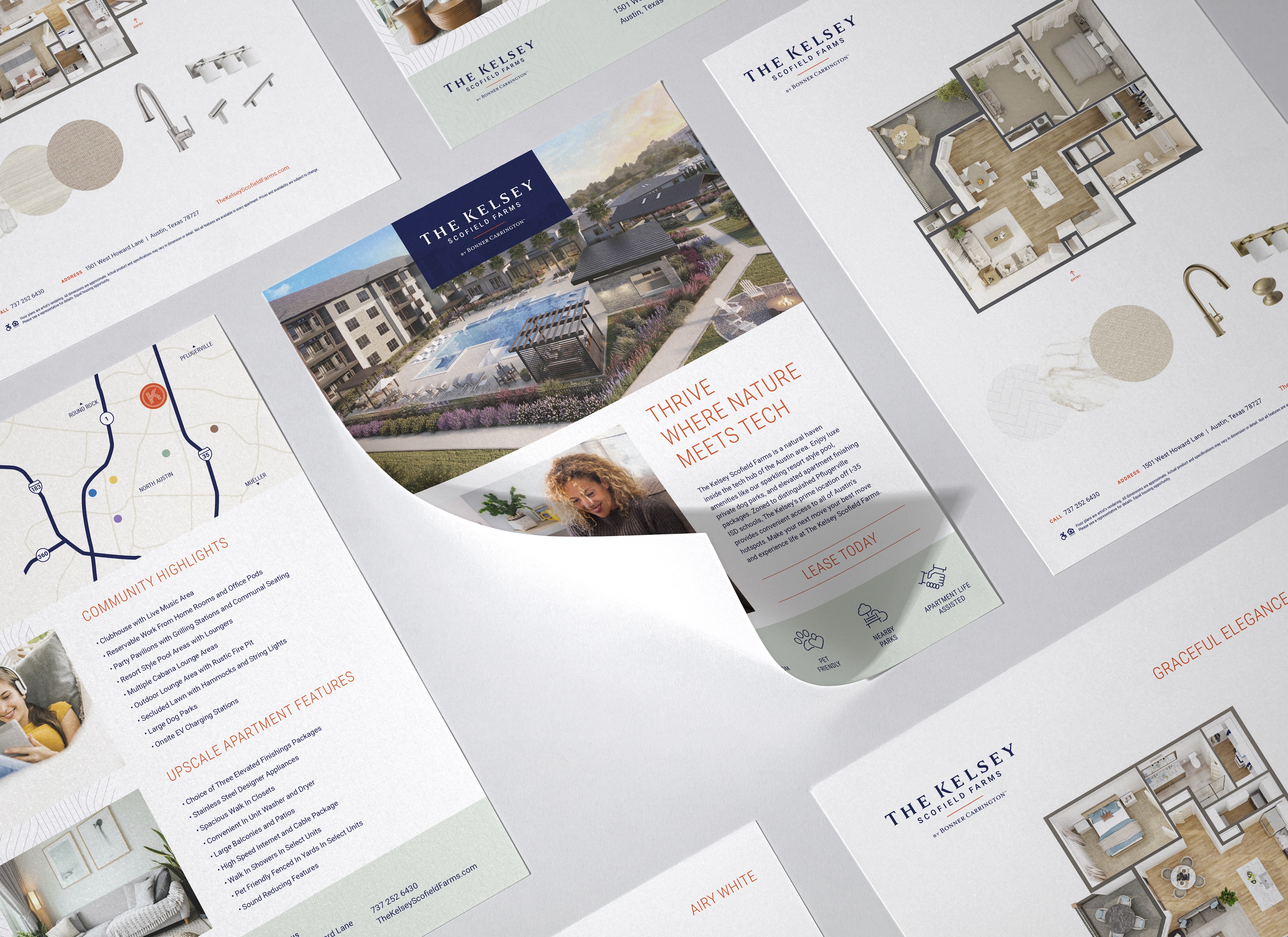 A set of printed marketing materials for The Kelsey Apartments, including floor plans, amenities lists, maps, and a main flyer with the headline “Thrive Where Nature Meets Tech.”.