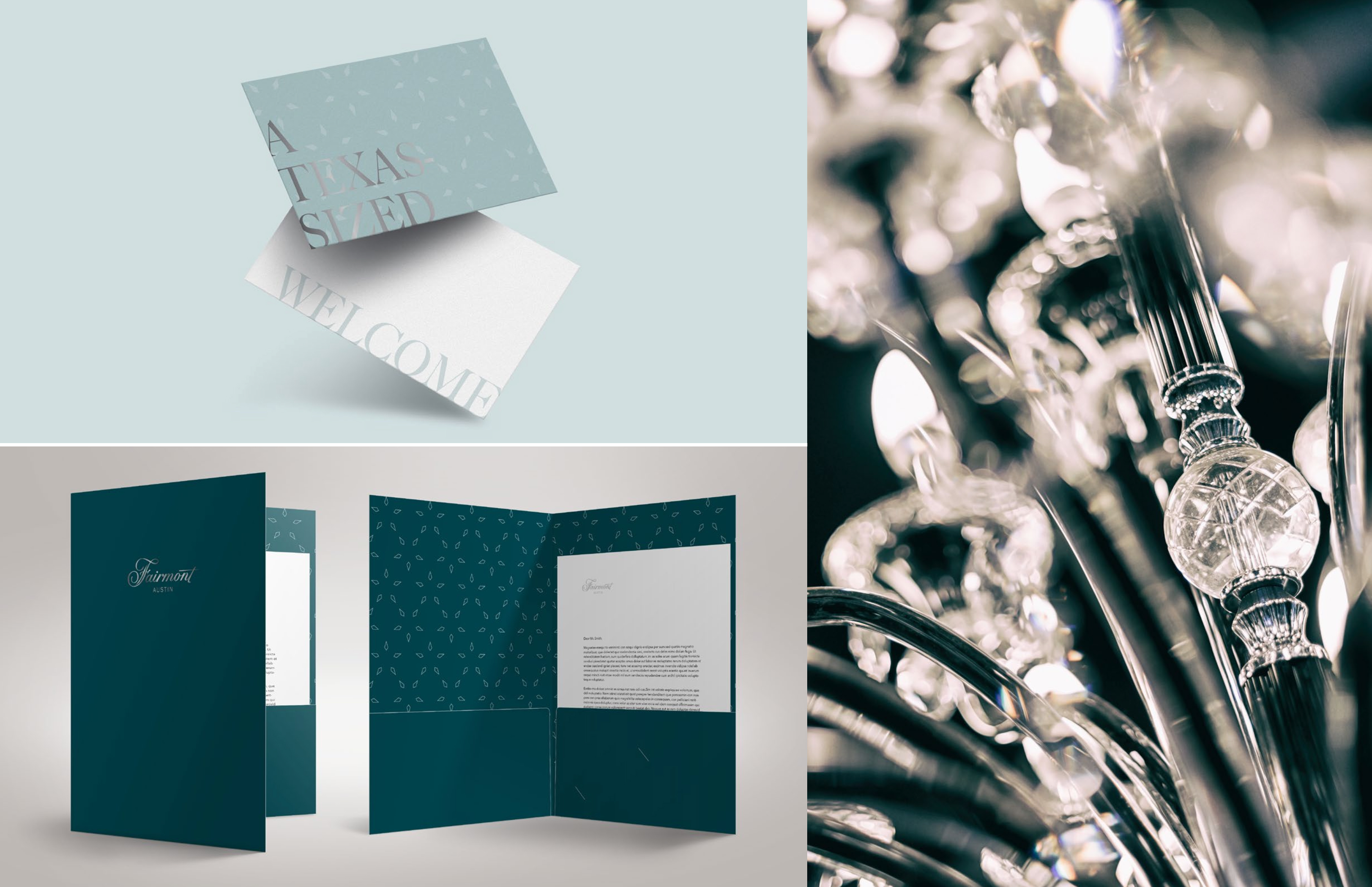 A collage featuring elegant stationery with teal and white designs, including cards and a folder, alongside a close-up of sparkling crystal chandelier details.