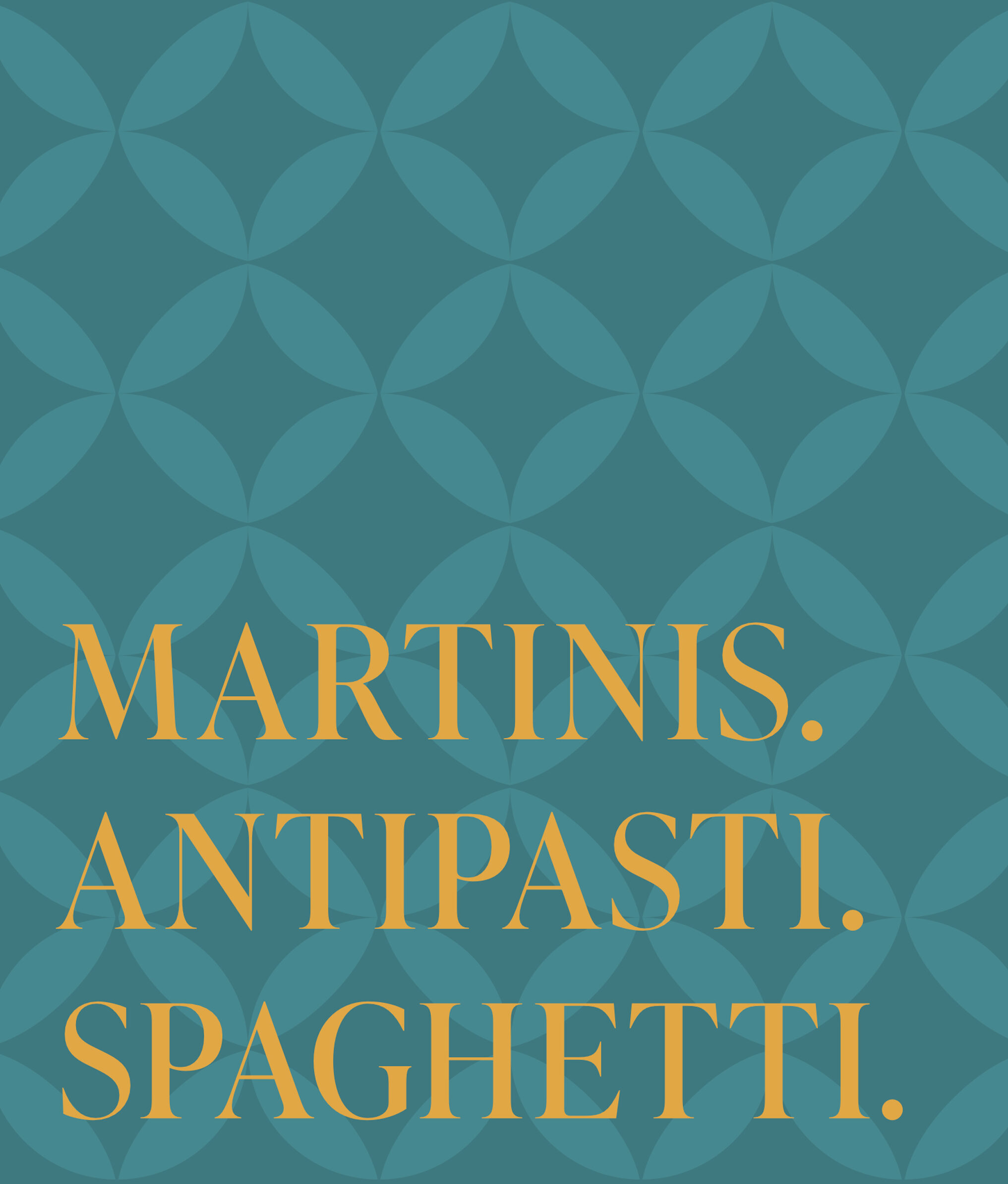 A woman eats spaghetti at a table on the left, while the right side displays the text: "MARTINIS. ANTIPASTI. SPAGHETTI." on a blue patterned background.