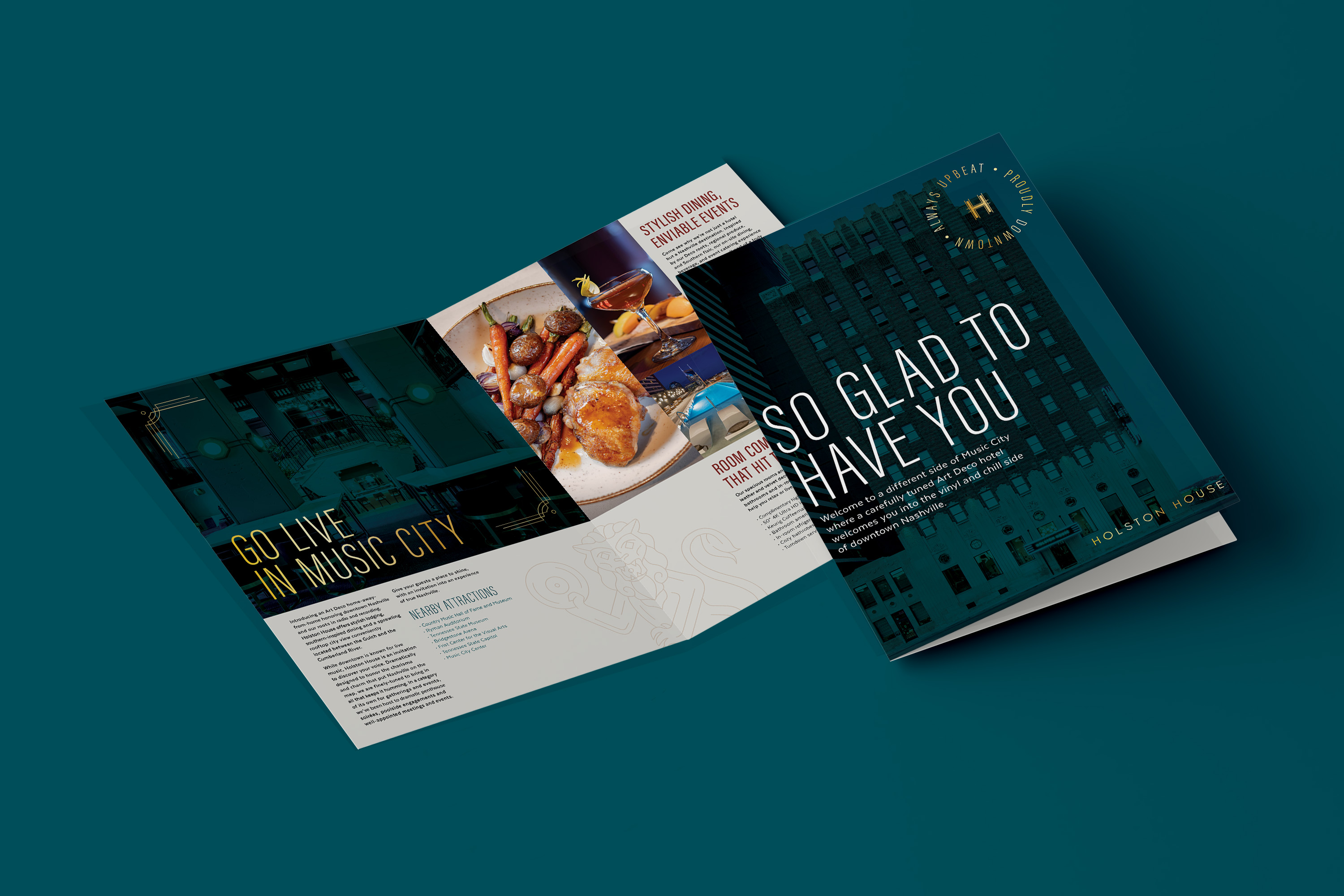 Two brochures displayed on a teal background; one is open showing food and text, the other is closed with the title "So Glad to Have You" and a city building graphic.