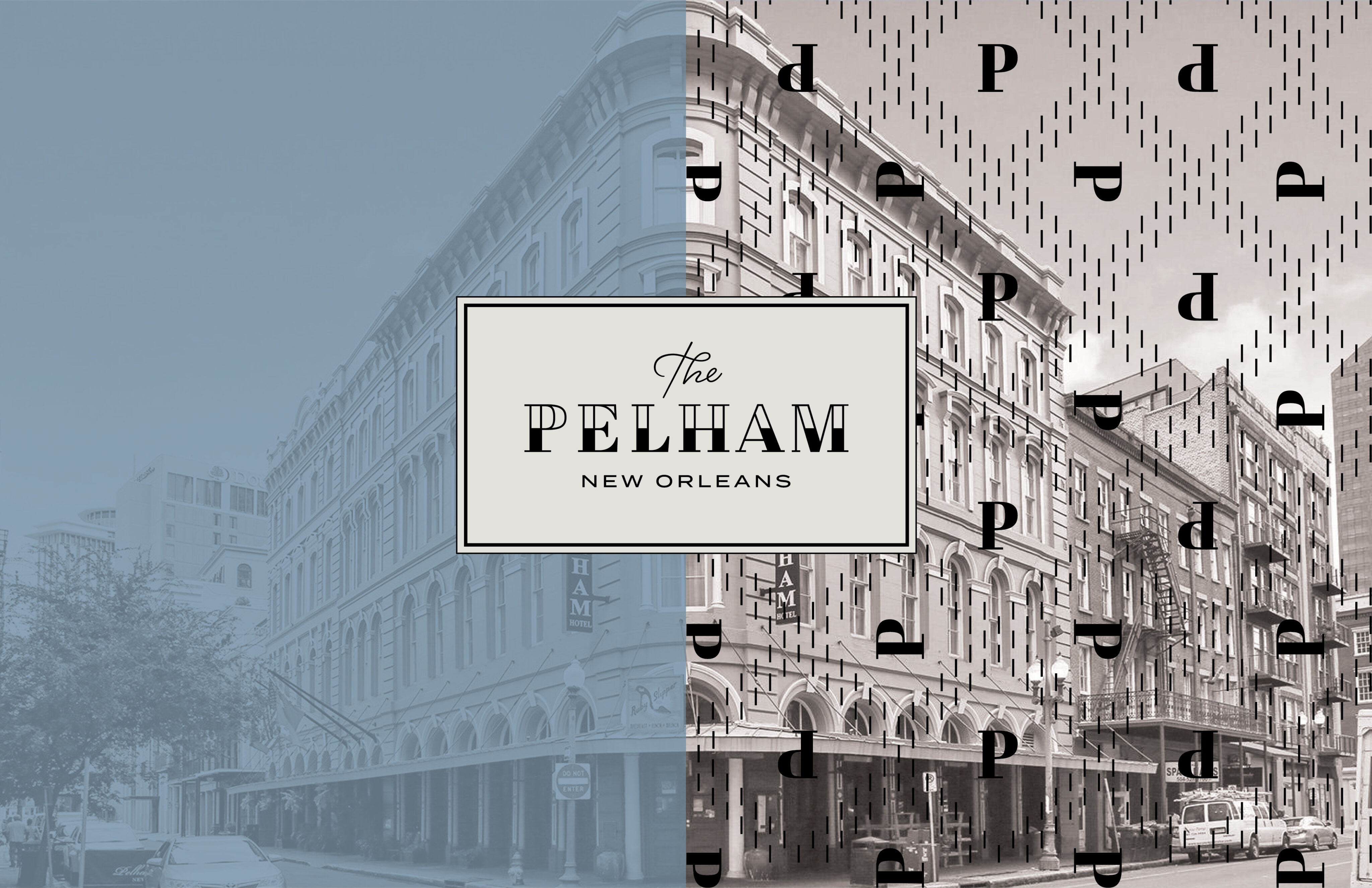 Split image of The Pelham hotel in New Orleans; left side is muted blue, right side is sepia with decorative patterns. Central label reads: "The Pelham New Orleans.