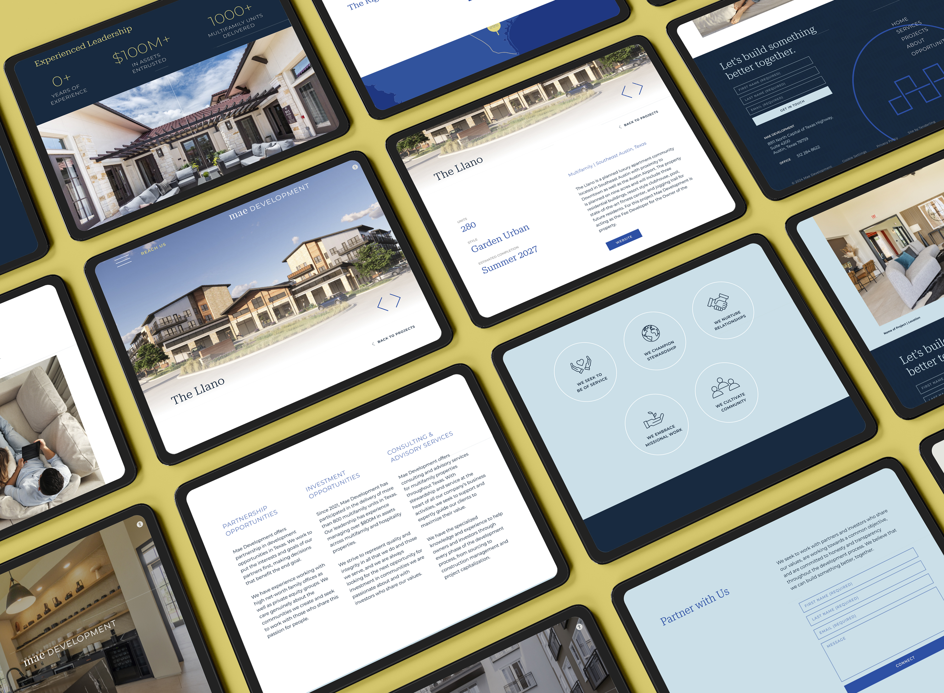 Multiple tablet screens display website layouts featuring home exteriors, interior designs, informational text, icons, and contact forms, arranged diagonally on a yellow surface.