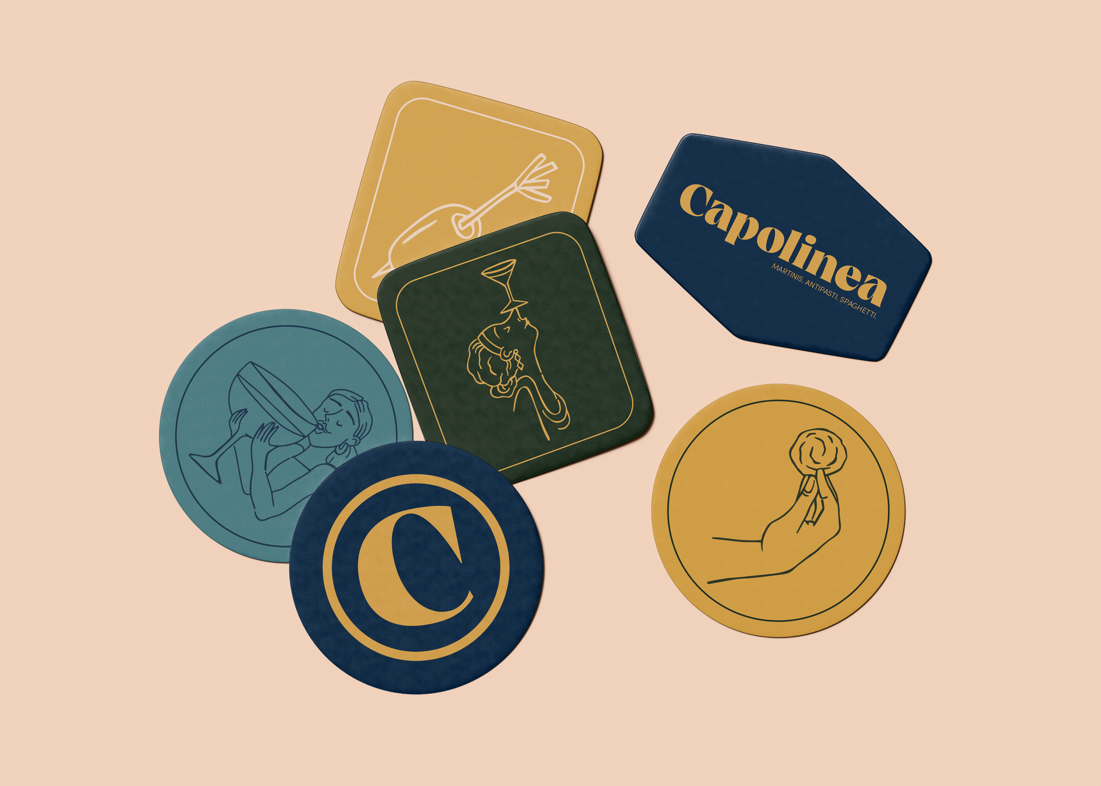 Six illustrated coasters with various designs, including abstract hands, a person drinking, a large "C", and the word "Capolinea" on one, arranged on a beige background.