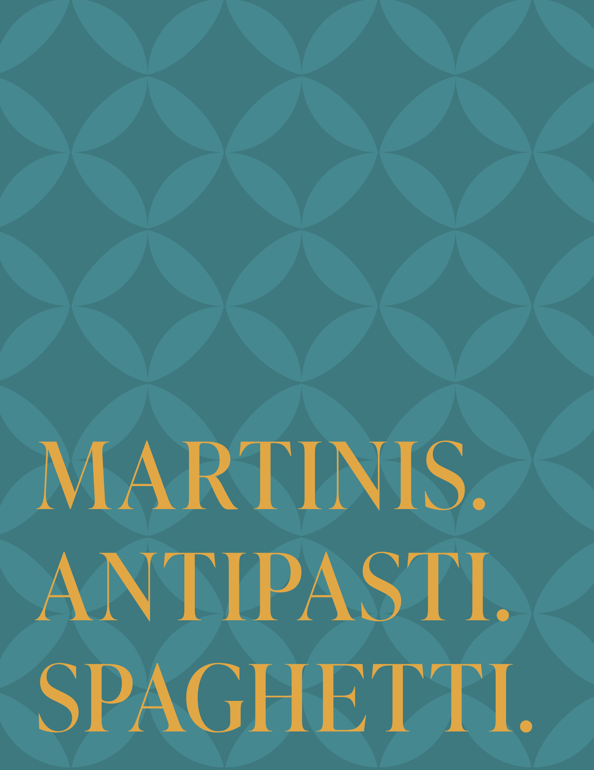 A woman eats spaghetti with a fork on the left; on the right, the text reads: "Martinis. Antipasti. Spaghetti." on a blue patterned background.