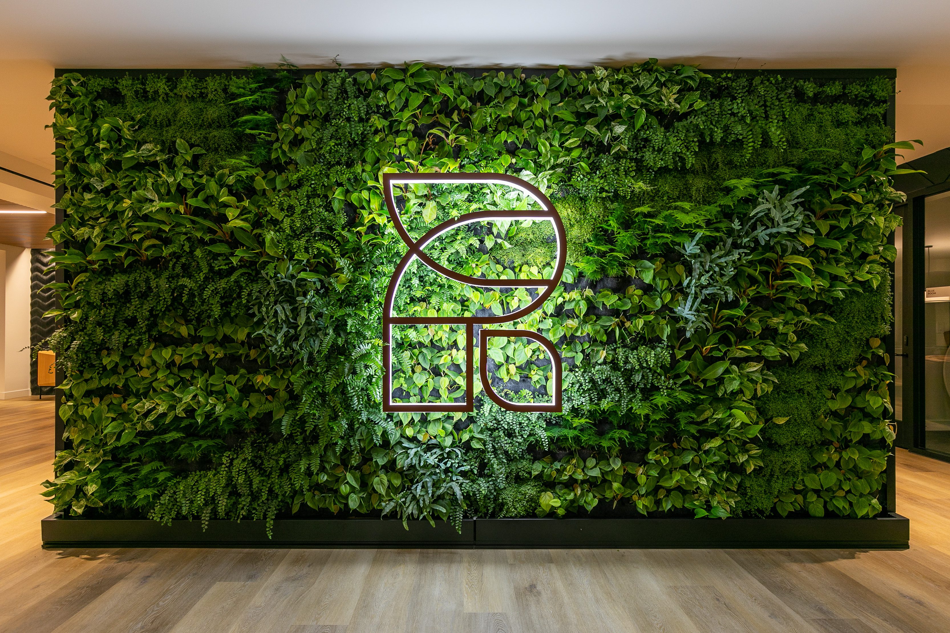 A green living plant wall features a stylized illuminated "R" logo at its center, with wooden flooring in the foreground.