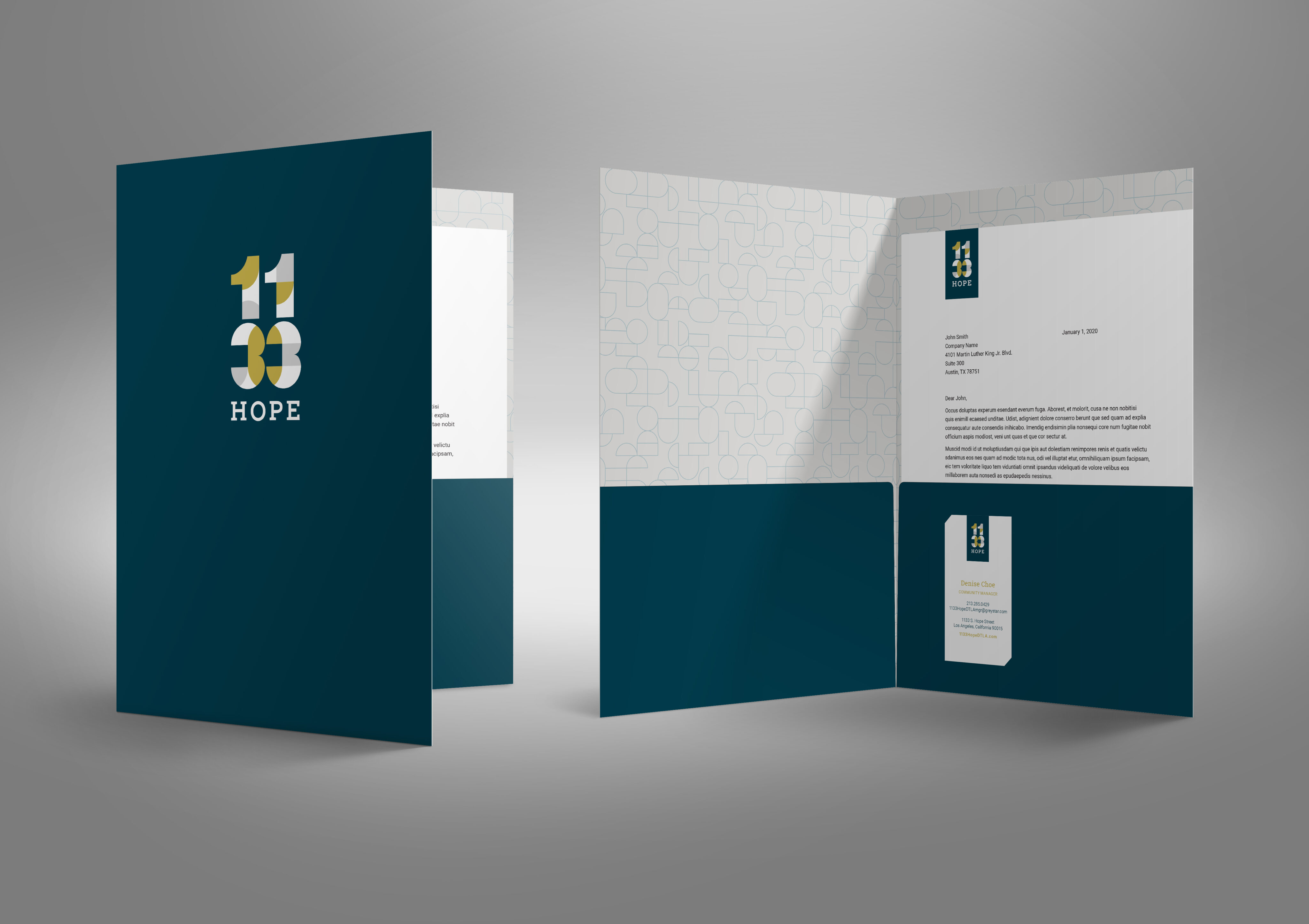 A branded presentation folder displayed open and closed, containing a letter and business card with the "1133 HOPE" logo on a blue and white design background.