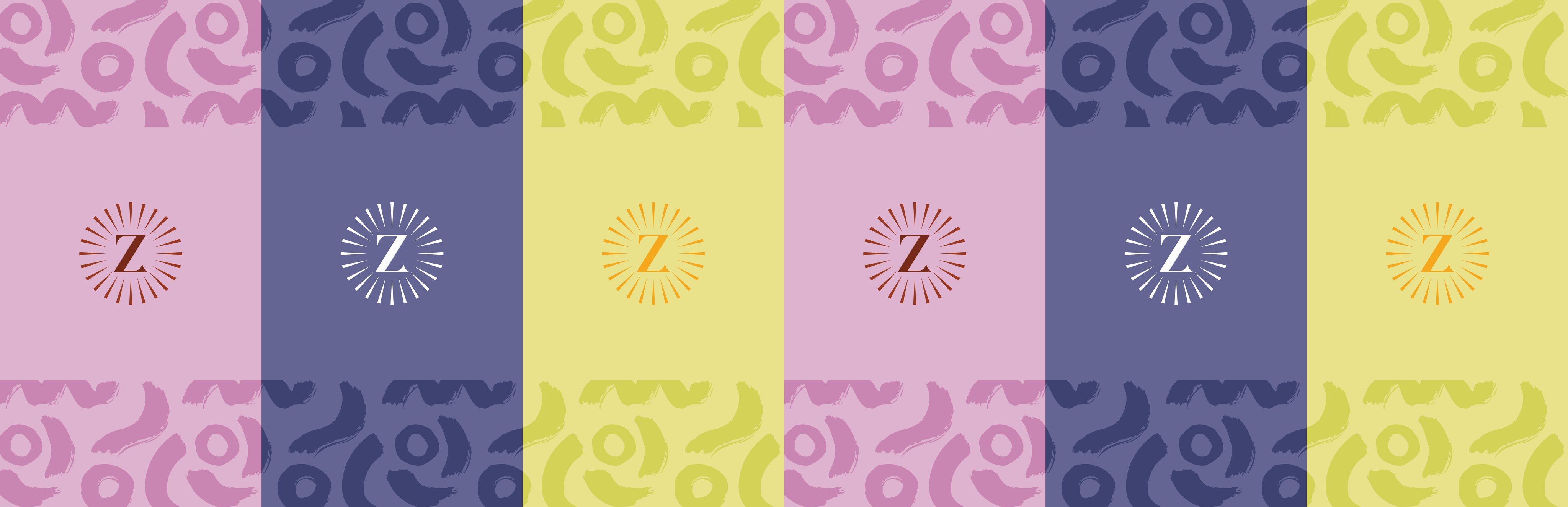 A repeating pattern of vertical stripes in pink, blue, and yellow with abstract shapes and a central "Z" surrounded by radiating lines in each stripe.