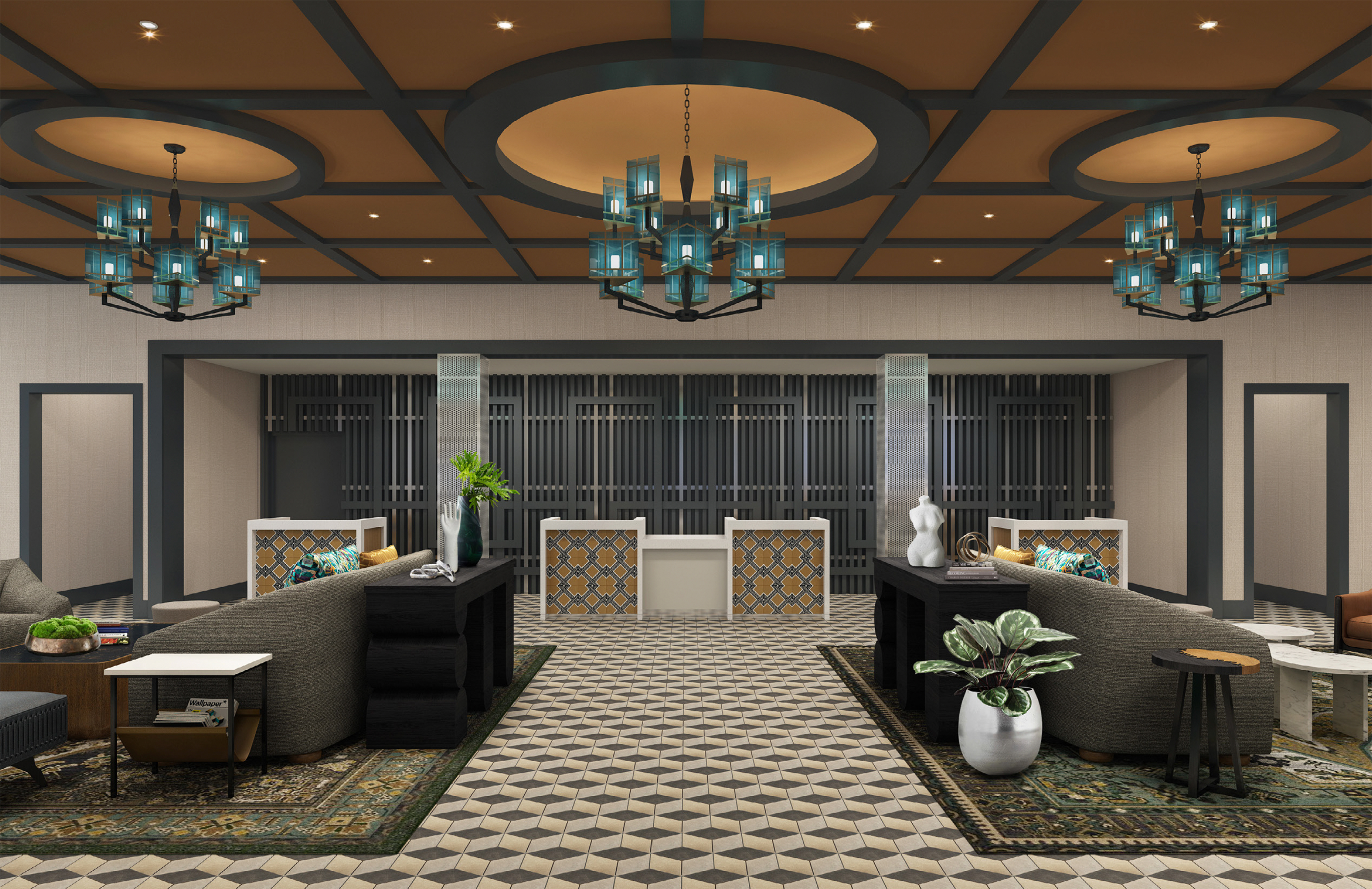 A hotel lobby with patterned tile flooring, two gray sofas, modern chandeliers, and three reception desks in front of a gray partitioned wall.