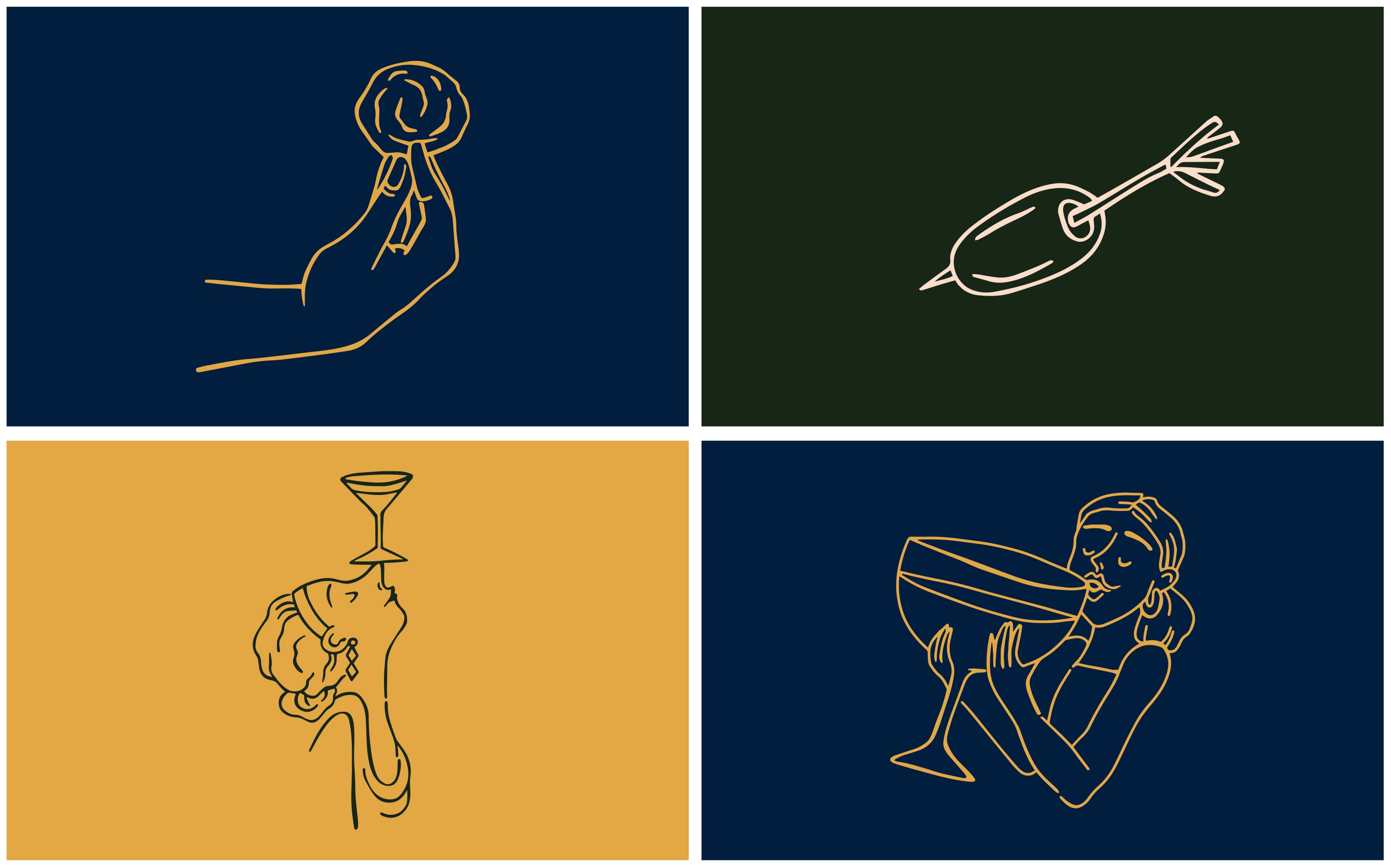 A four-panel illustration: a hand holding a pastry, an olive on a cocktail pick, a person drinking from a martini glass, and a person drinking from a large cocktail glass.