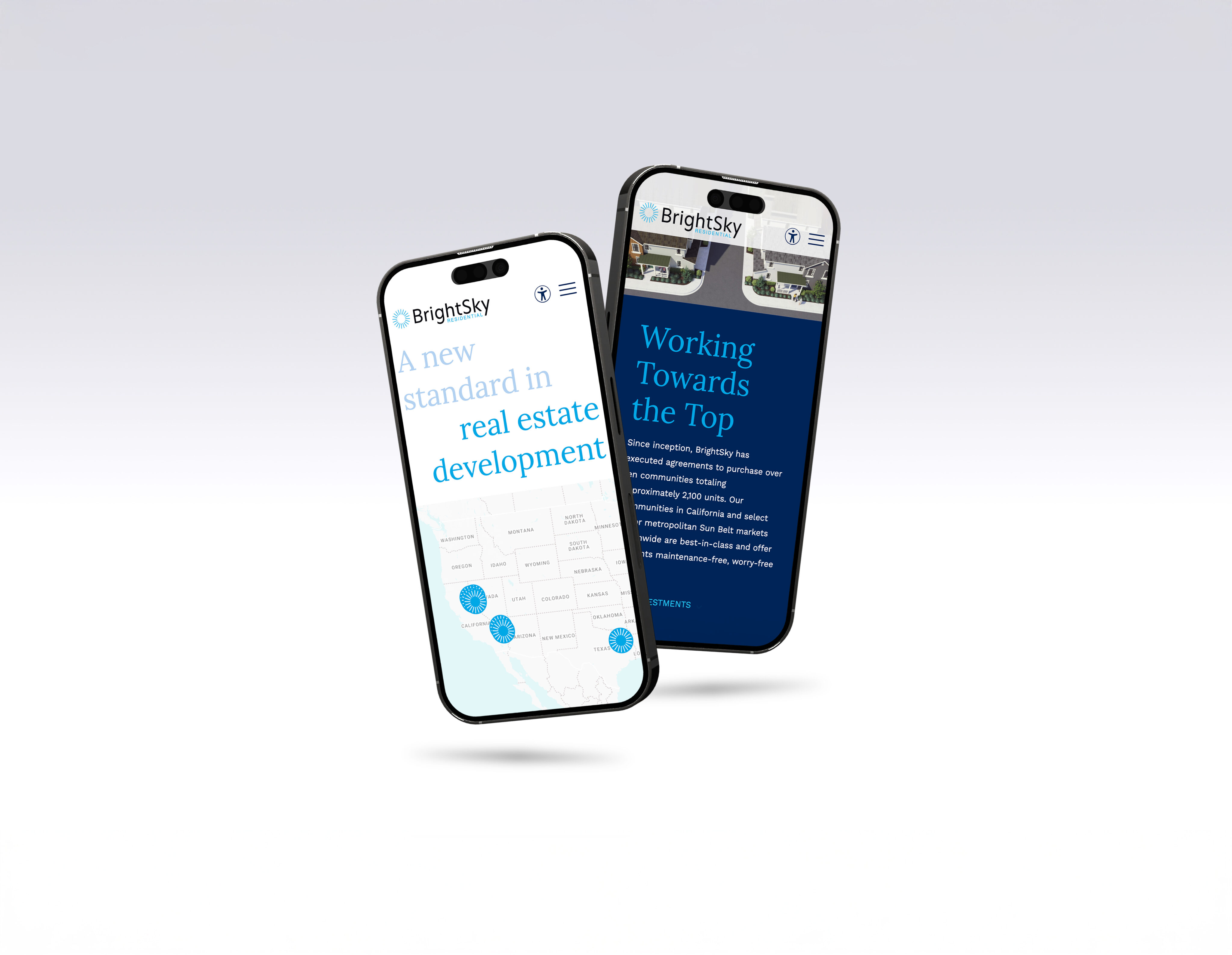Two smartphones display the BrightSky real estate development website, each showing a different page against a plain white background.