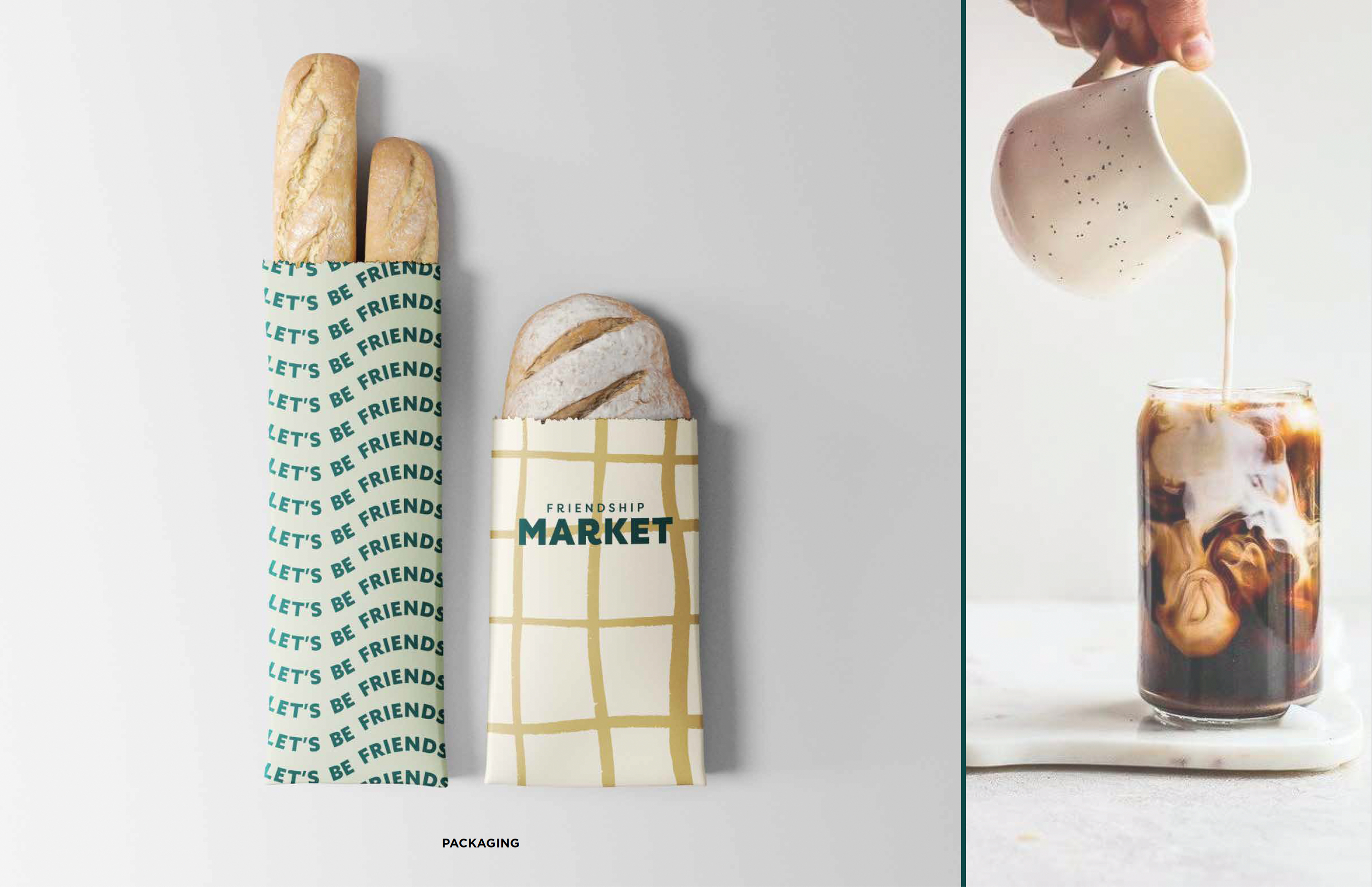 Two baguettes and a round loaf in branded paper sleeves on the left; a hand pours milk into iced coffee in a glass on the right.