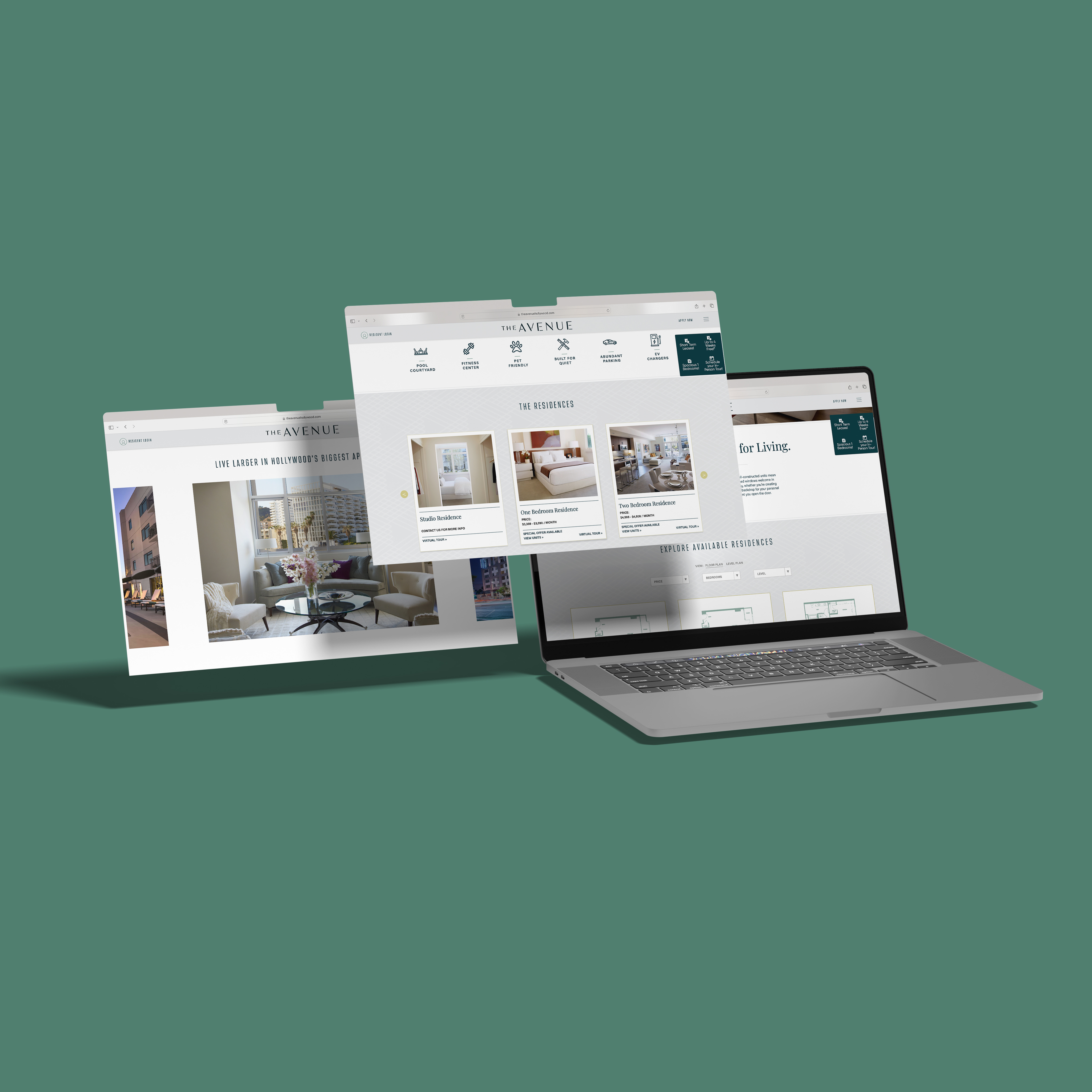 A laptop displays three floating website screens showing interior design and real estate listings on a solid green background.