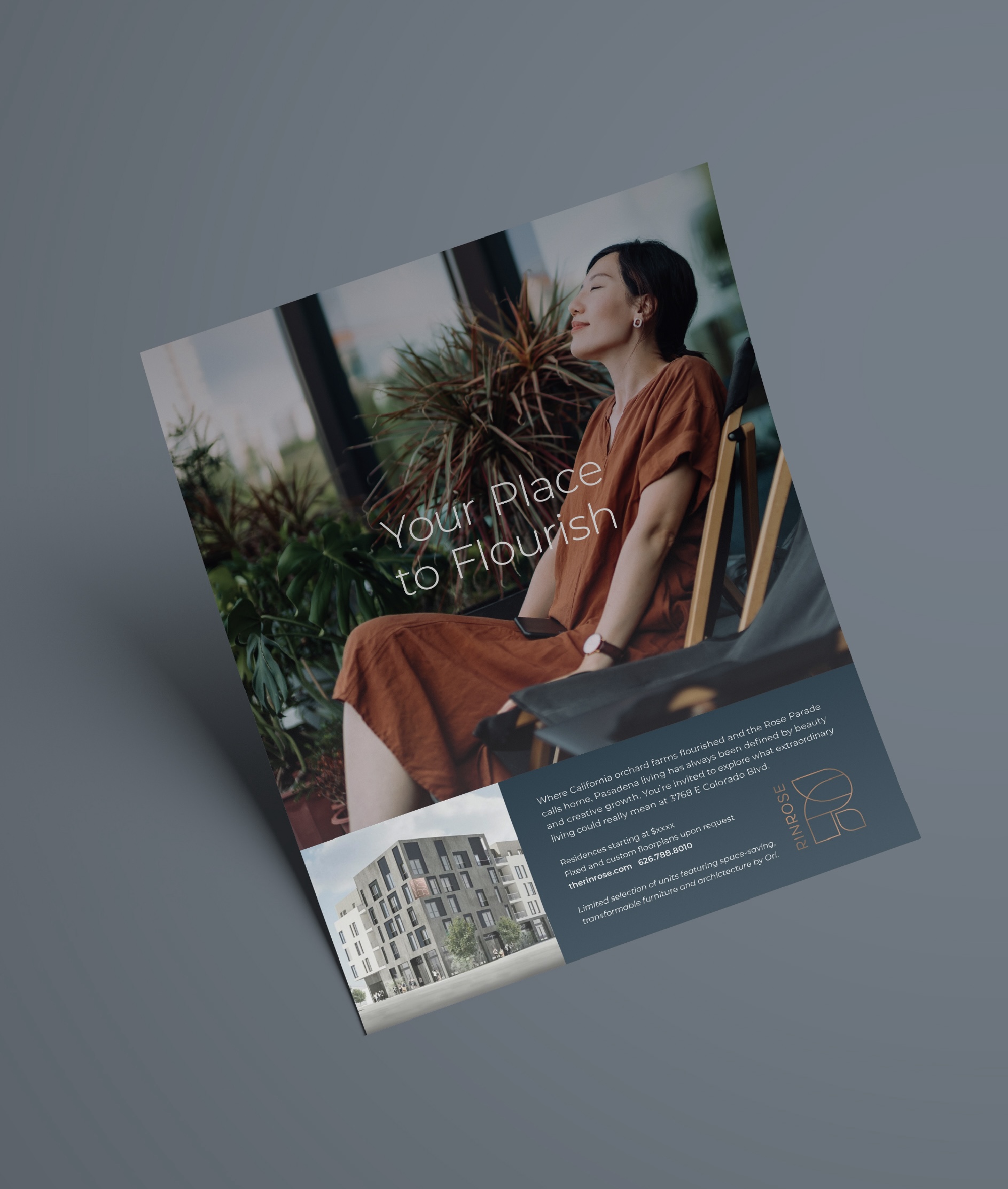 A brochure featuring a woman in a brown dress sitting and relaxing among indoor plants, with the text "Your Place to Flourish" and building and logo details at the bottom.