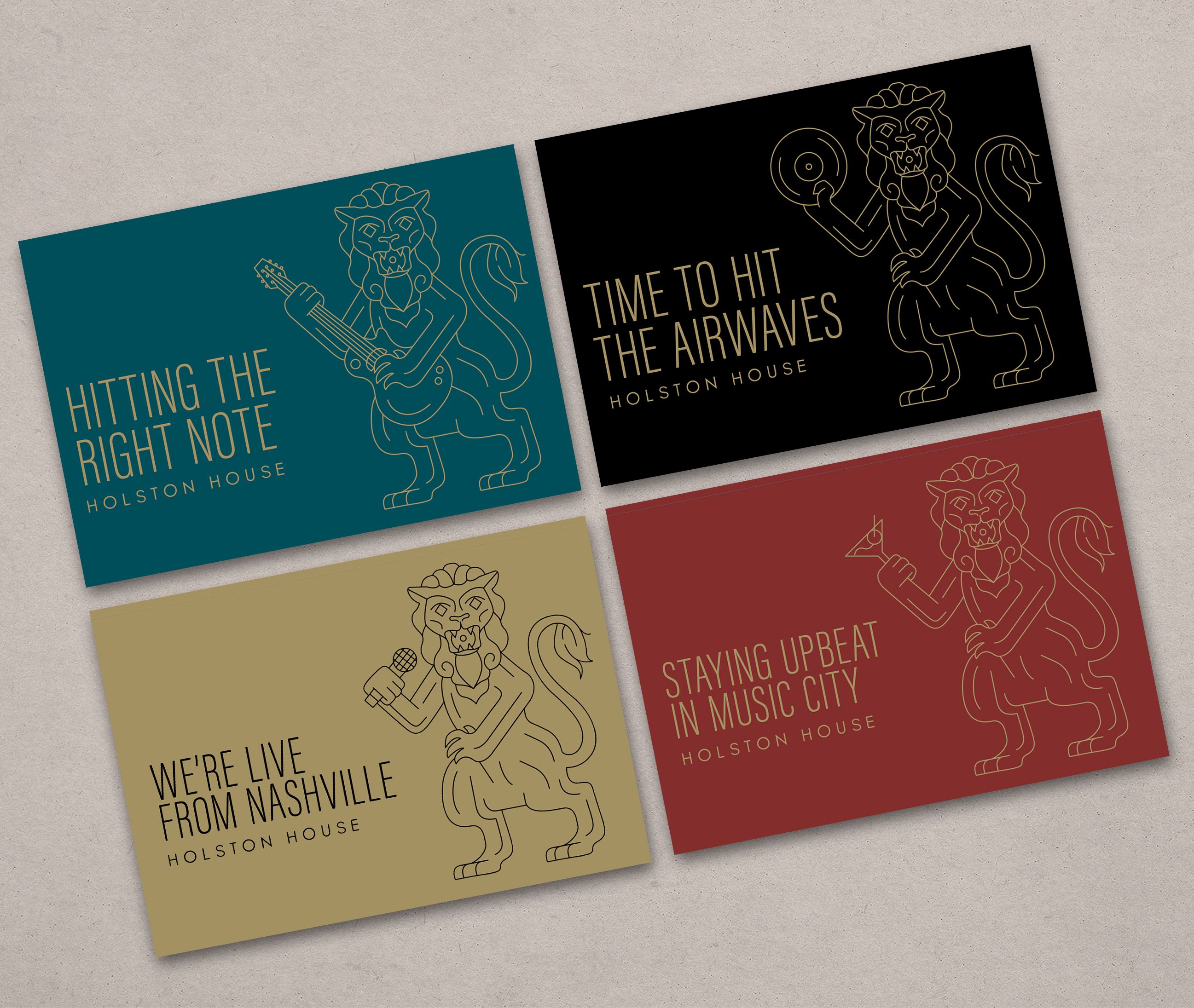 Four rectangular cards feature a line drawing of a lion and phrases referencing music and Nashville, each on a different colored background with "Holston House" branding.
