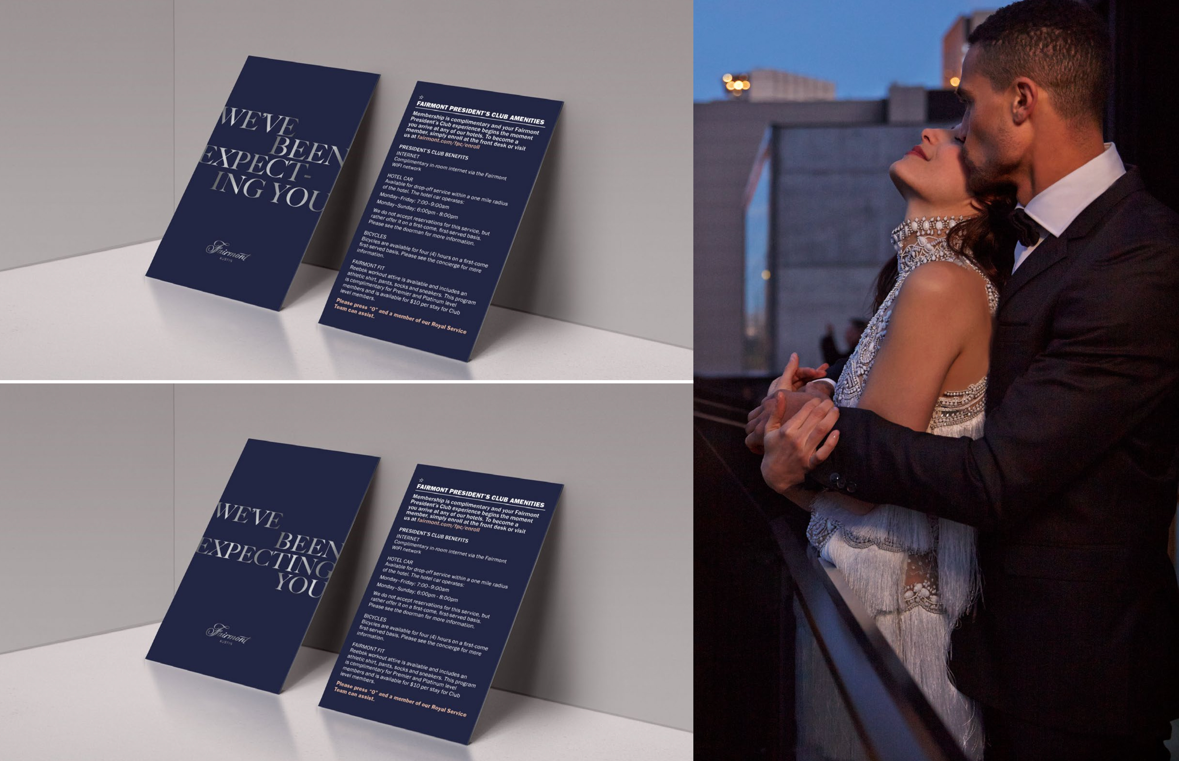 Two side-by-side images: on the left, two navy event cards with text, and on the right, a couple dressed formally embracing on a balcony at dusk.