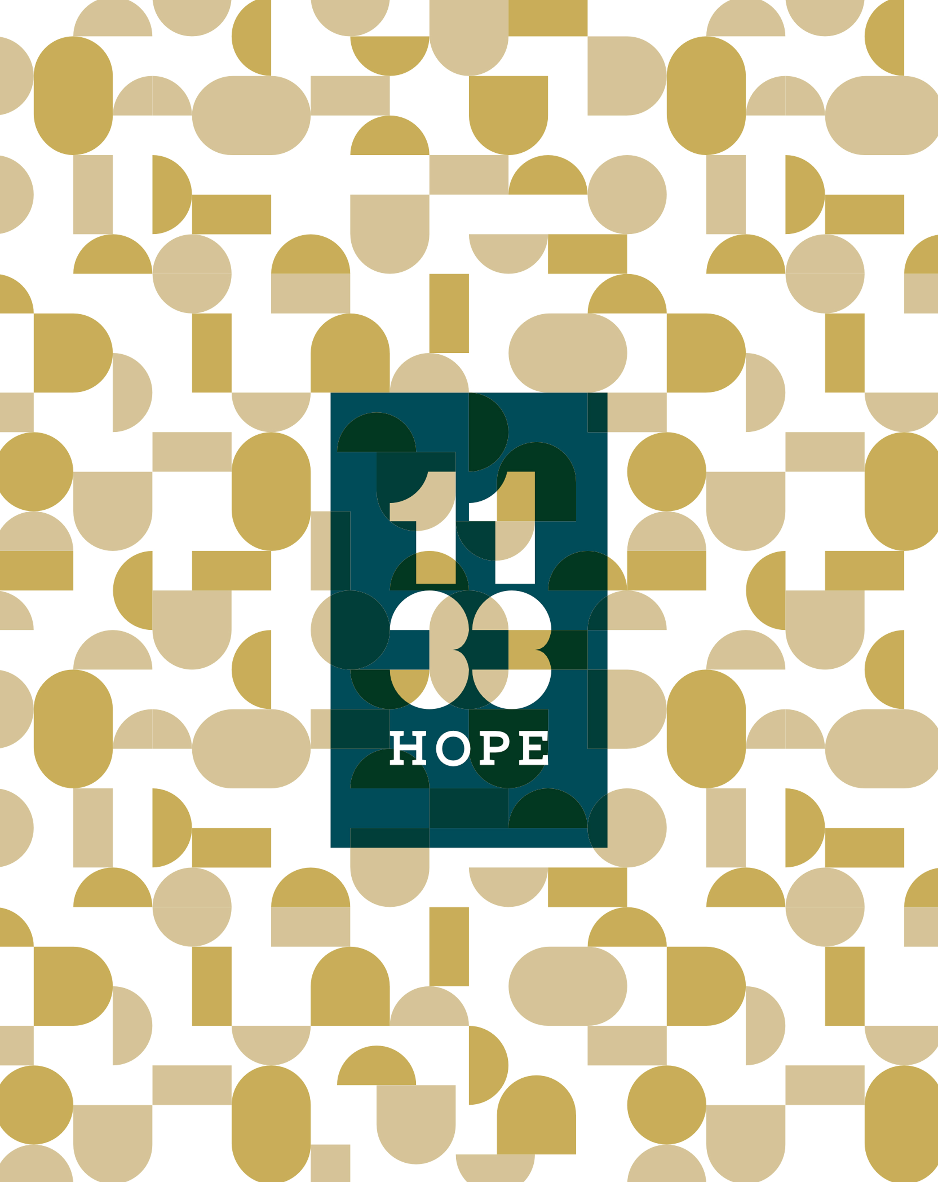 A geometric pattern of gold and beige shapes with a dark teal rectangle in the center displaying "1133 HOPE" in bold white text.