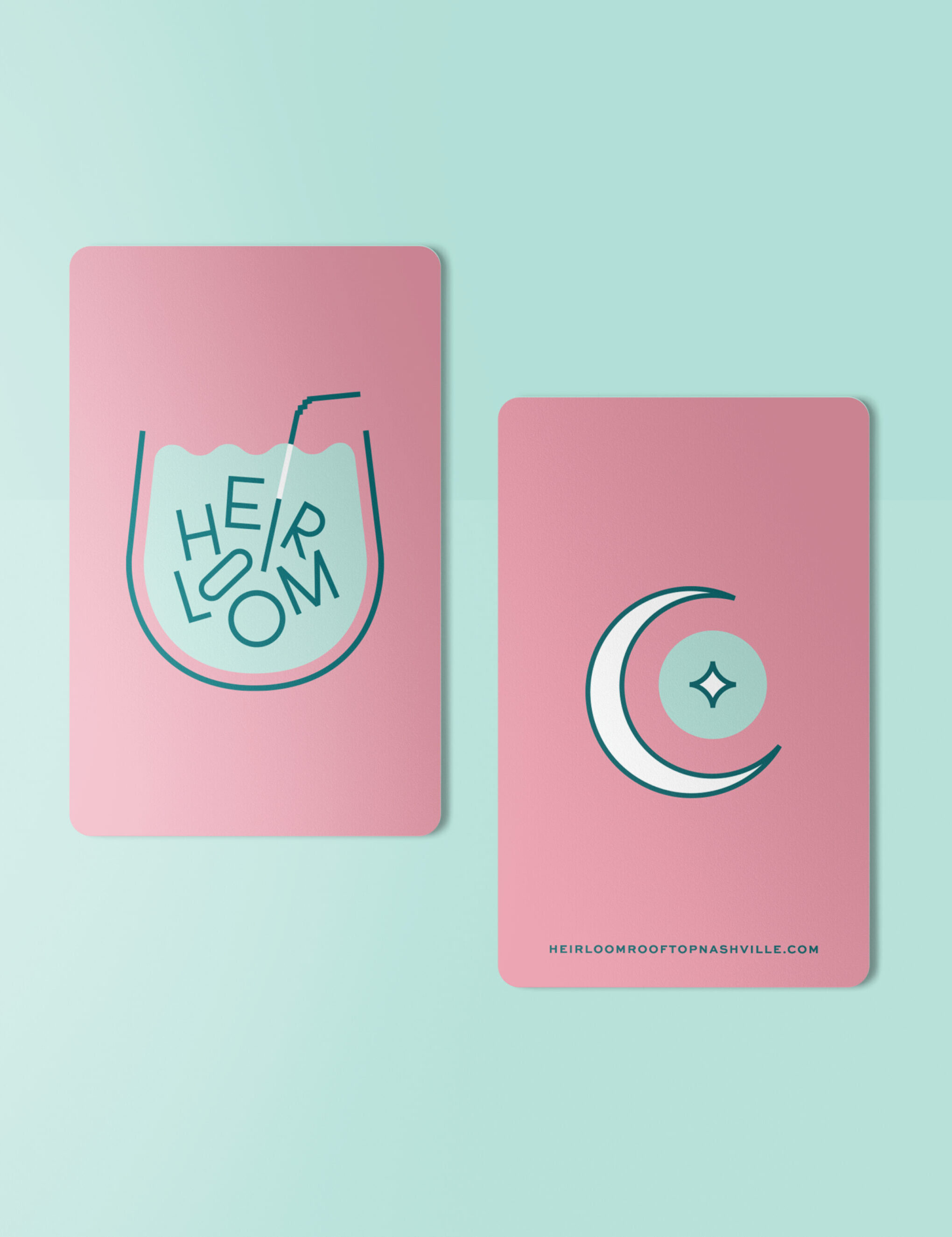 Four pastel-colored cards display minimalist graphics and text, promoting Heirloom at Holston House with modern icons and website details.