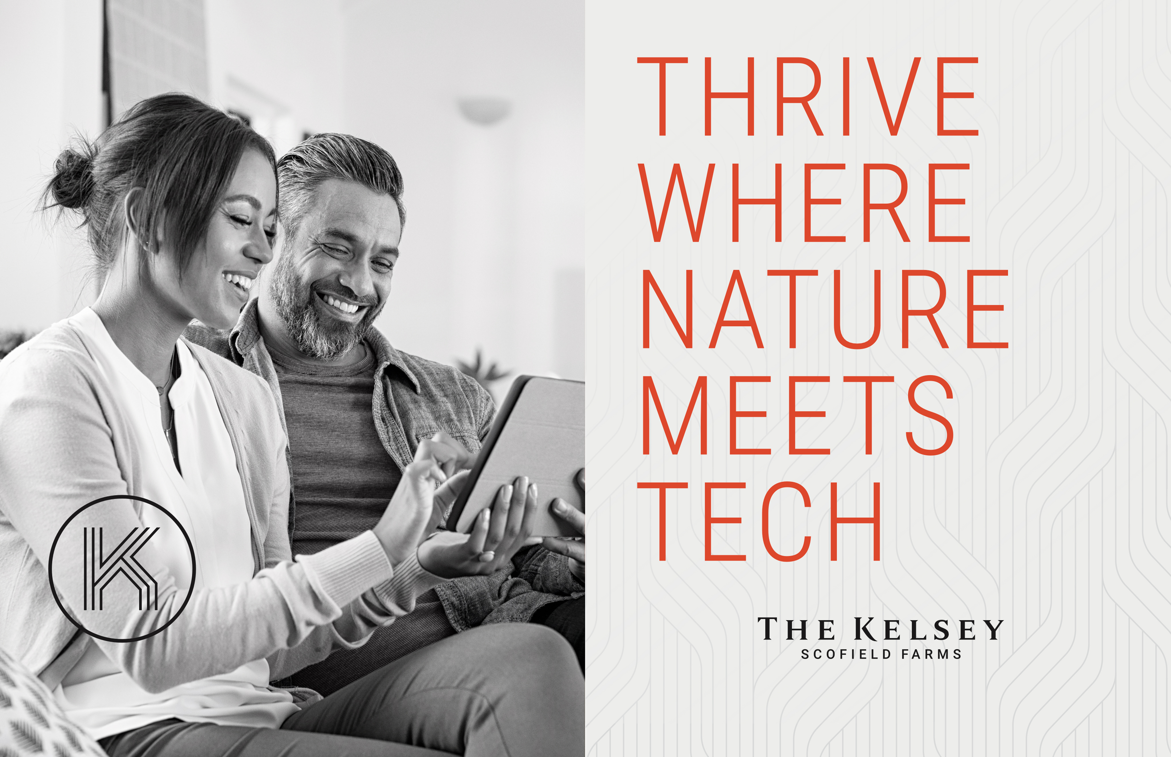A woman and man sit together smiling while looking at a tablet. Large text reads "Thrive Where Nature Meets Tech." The Kelsey Scofield Farms logo and name appear in the image.