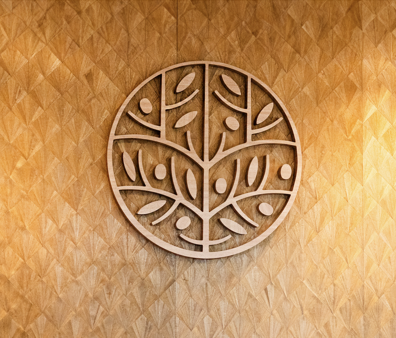 Wooden circular wall art featuring a stylized tree with branches and leaves, mounted on a patterned wooden background.