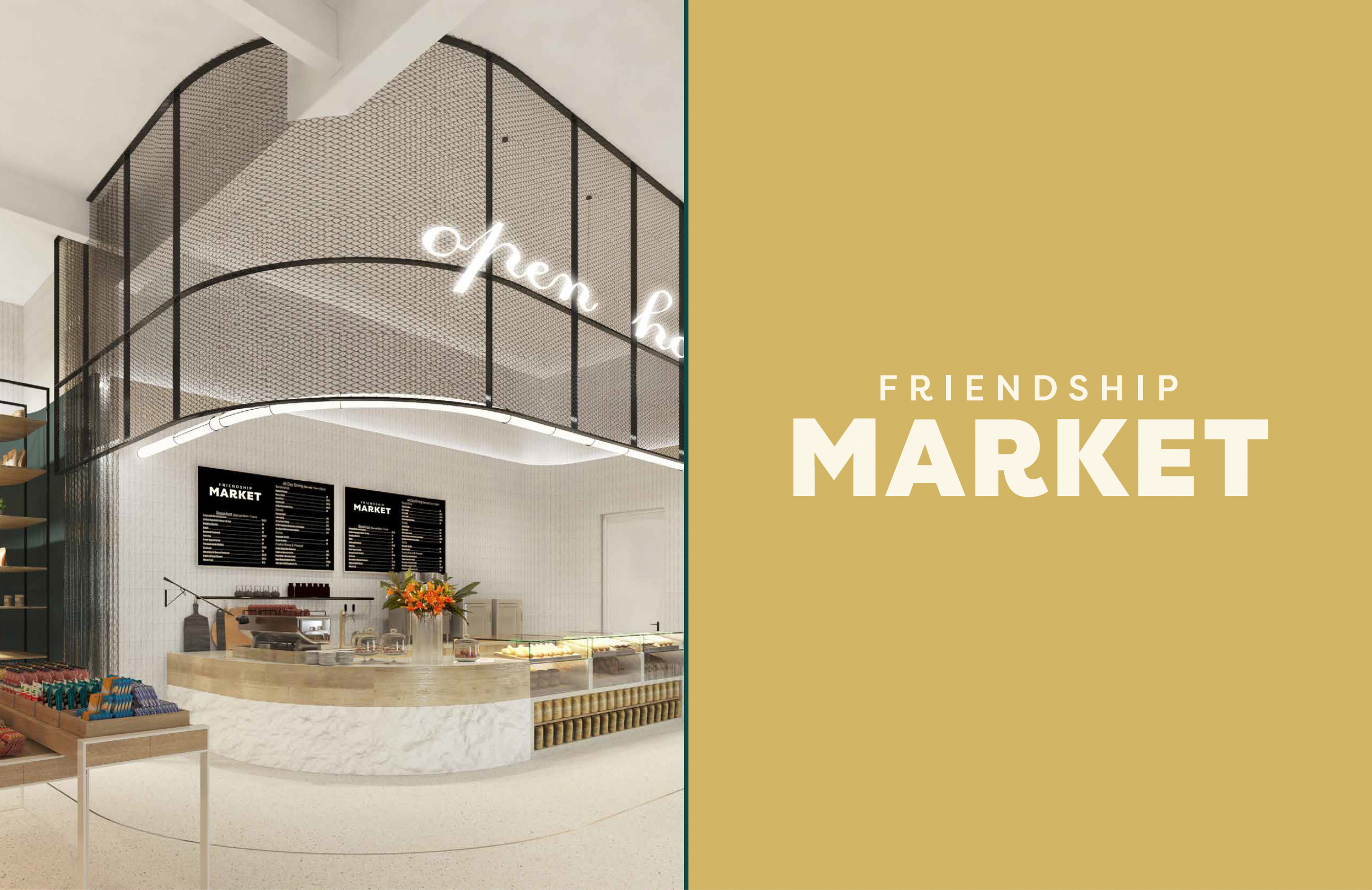 Modern market interior with a counter, menu boards, shelves of products, and a neon sign. The right side displays "FRIENDSHIP MARKET" on a solid yellow background.