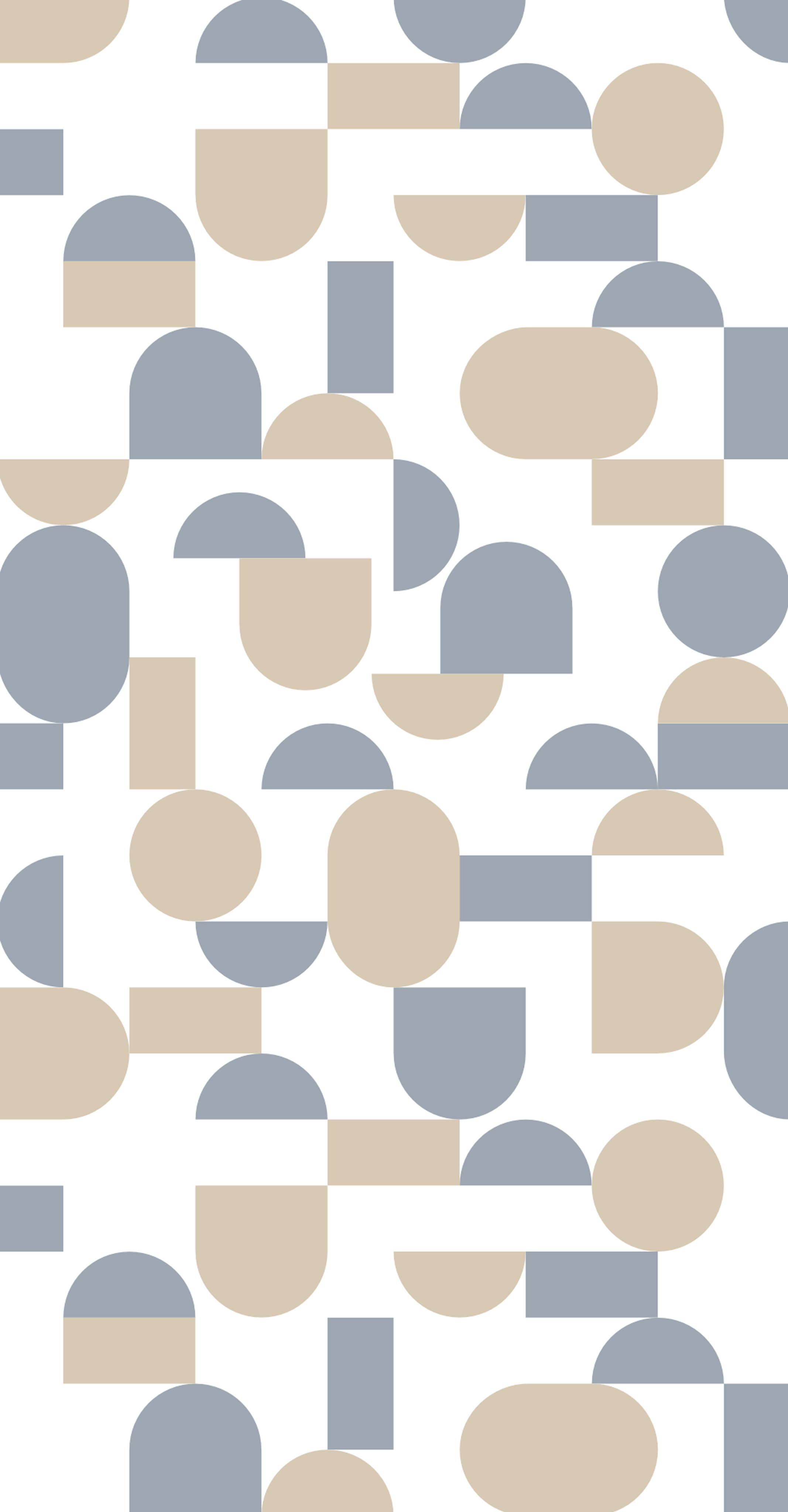 Abstract geometric pattern with overlapping beige and gray shapes, including circles, semi-circles, rectangles, and squares on a white background.