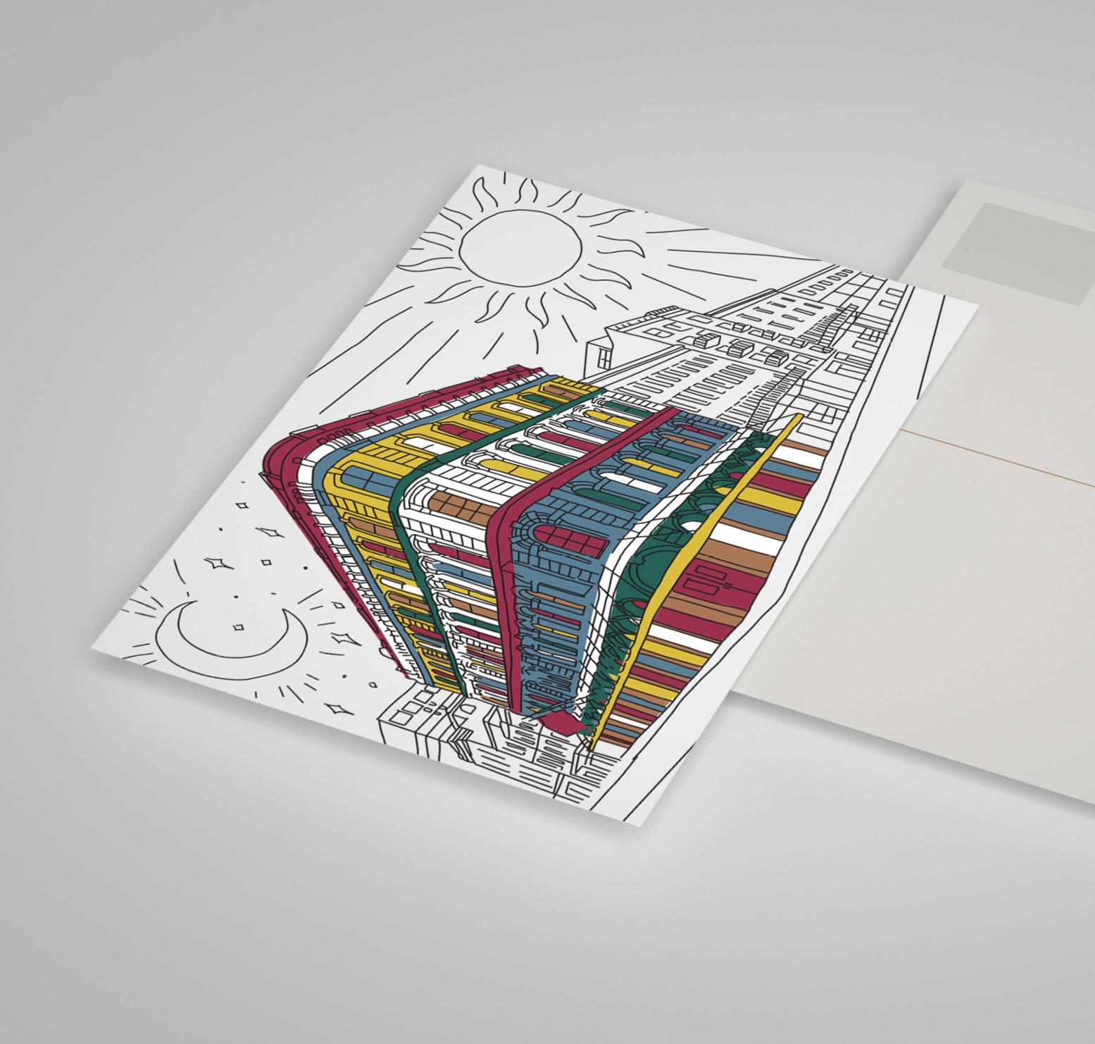 A postcard featuring a partially colored illustration of a tall, multi-colored building with line drawings of the sun and moon in the background.