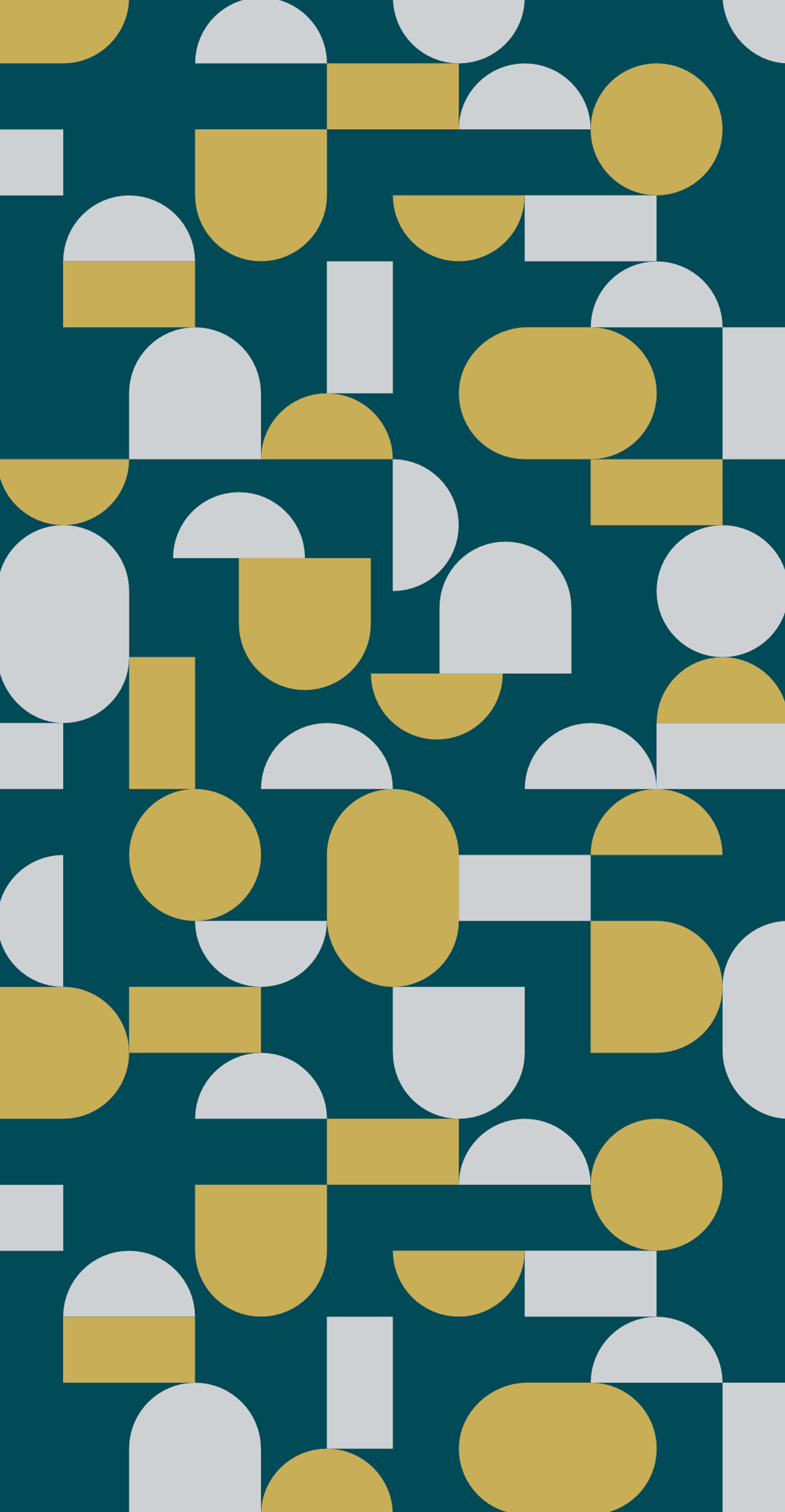 A geometric pattern featuring yellow and light gray semi-circles, rectangles, and squares on a dark teal background.