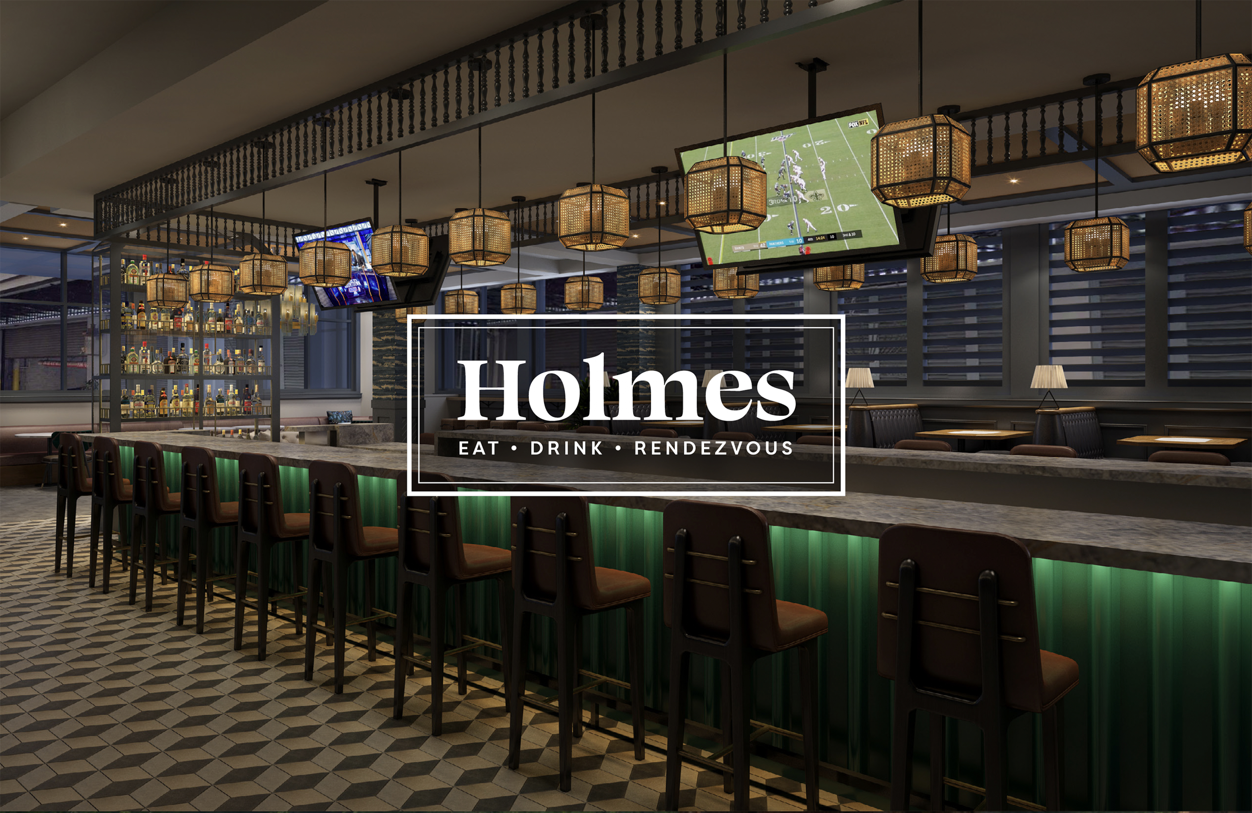 Modern bar interior with green-lit counter, high chairs, patterned tile floor, hanging lantern lights, wall shelves with bottles, and TVs. "Holmes Eat Drink Rendezvous" text overlayed.