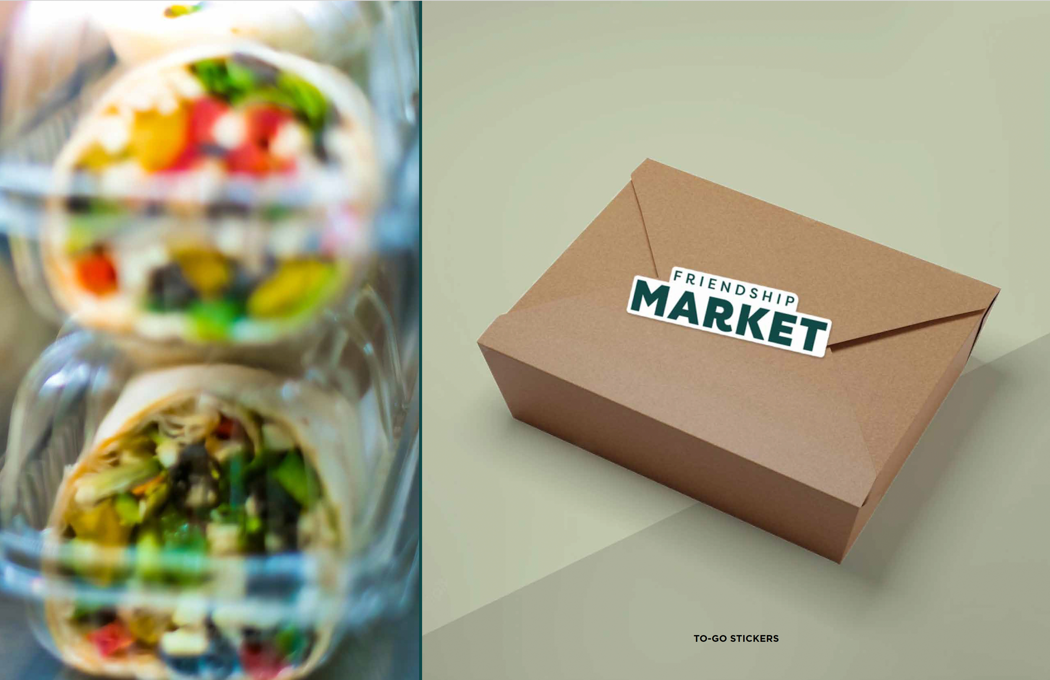 A clear plastic container with colorful wraps is next to a closed brown takeout box labeled "Friendship Market" on a light surface.